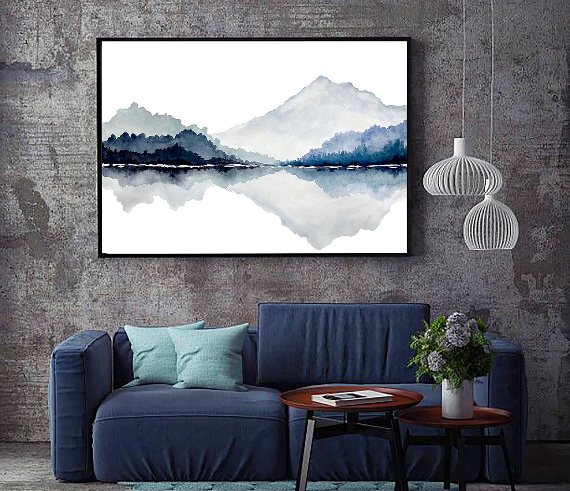 Minimalist Blue Mountain Lake Reflection Gray Watercolor Art Poster - Image 4