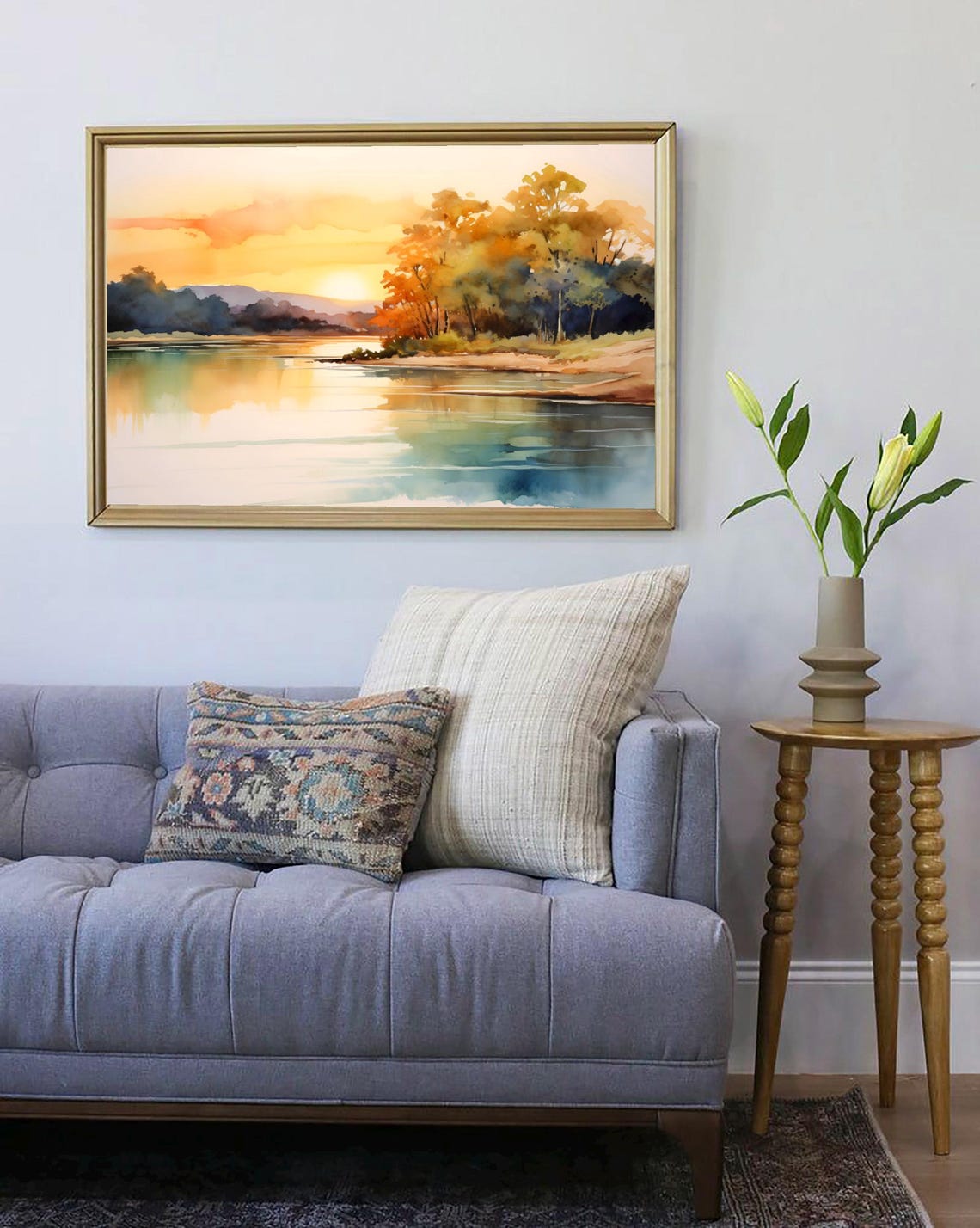 Autumn Lake Sunset Golden Trees Reflection Watercolor Art Poster - Image 4
