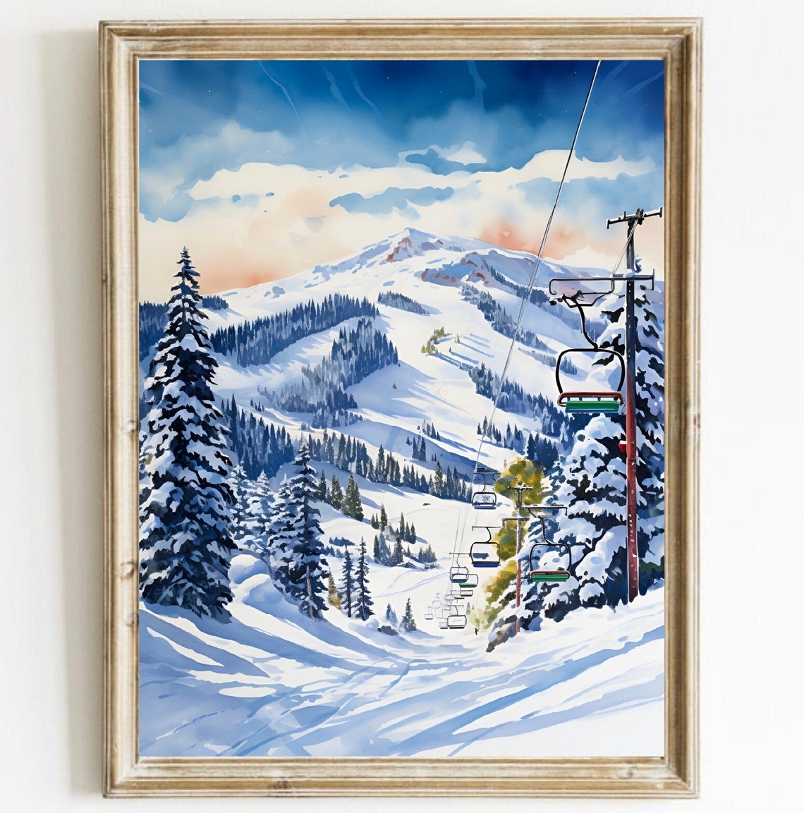Diamond Peak Nevada Ski Resort Chairlift Snow Watercolor Poster