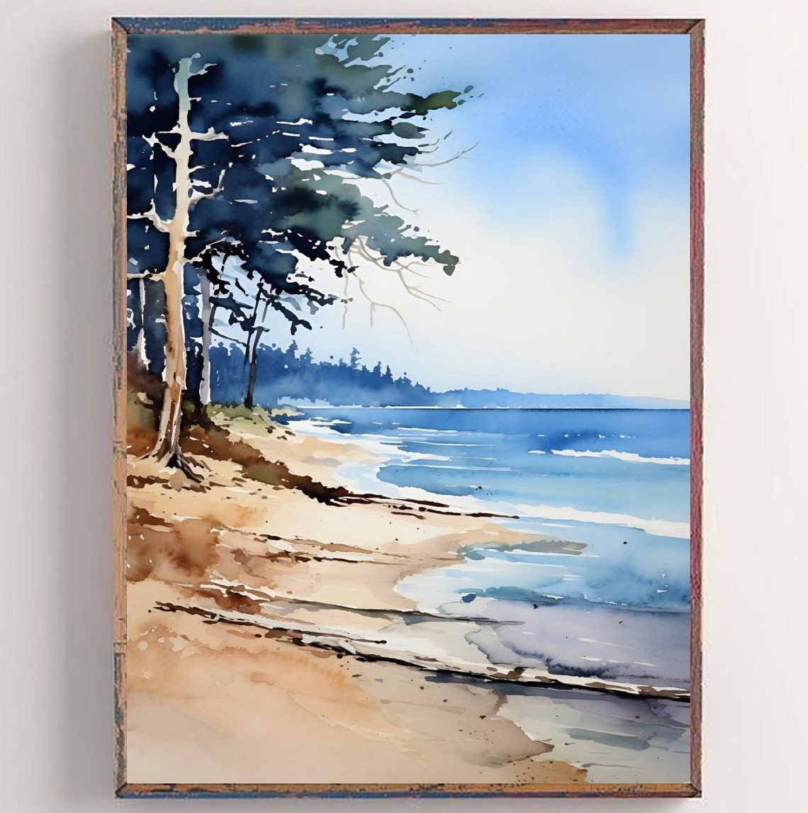 Sandy Pine Beach Ocean Waves Tall Trees Coastal Watercolor Art Poster