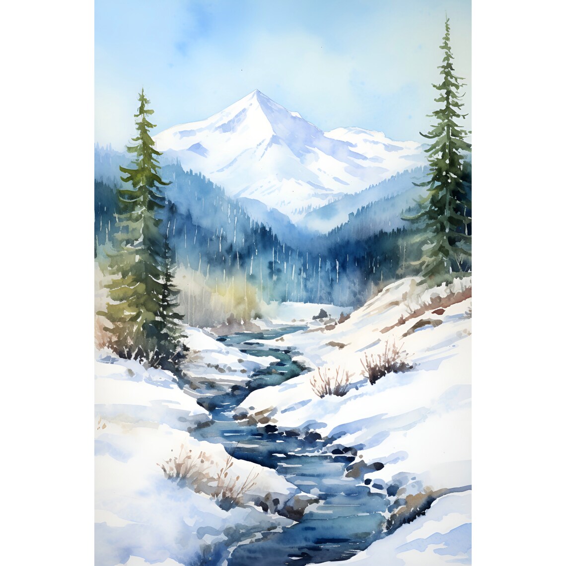 Mount Harvard Colorado Winter Snowy Stream Mountain Watercolor Poster