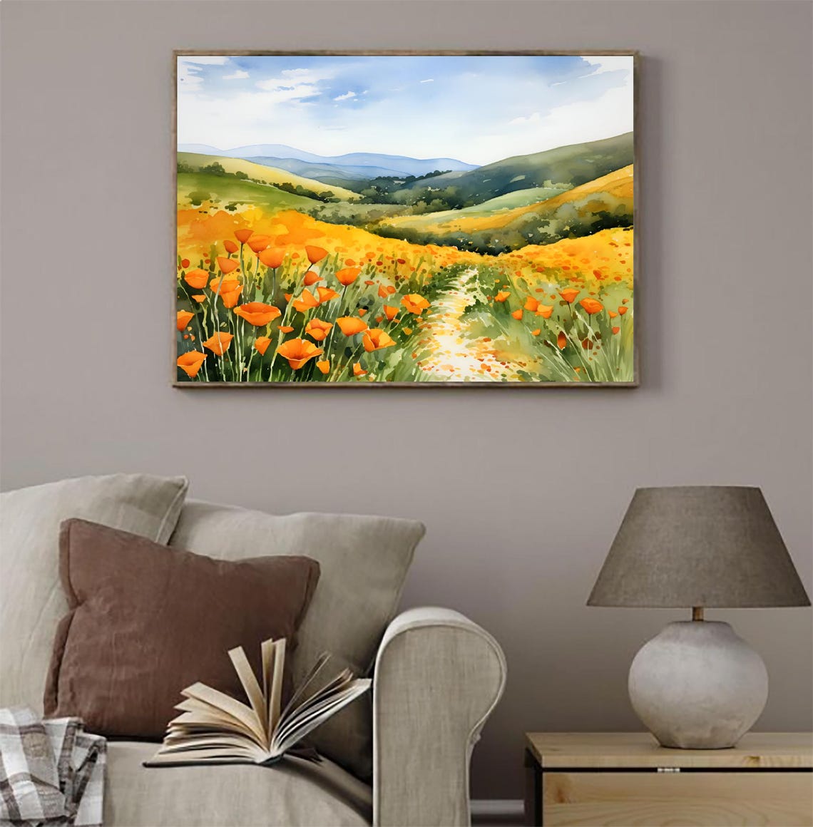California Poppy Field Rolling Hills Golden Bloom Watercolor Poster - Image 3