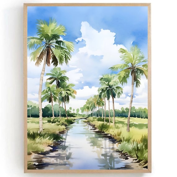 Florida Everglades Palm Trees Marsh Waterway Watercolor Poster