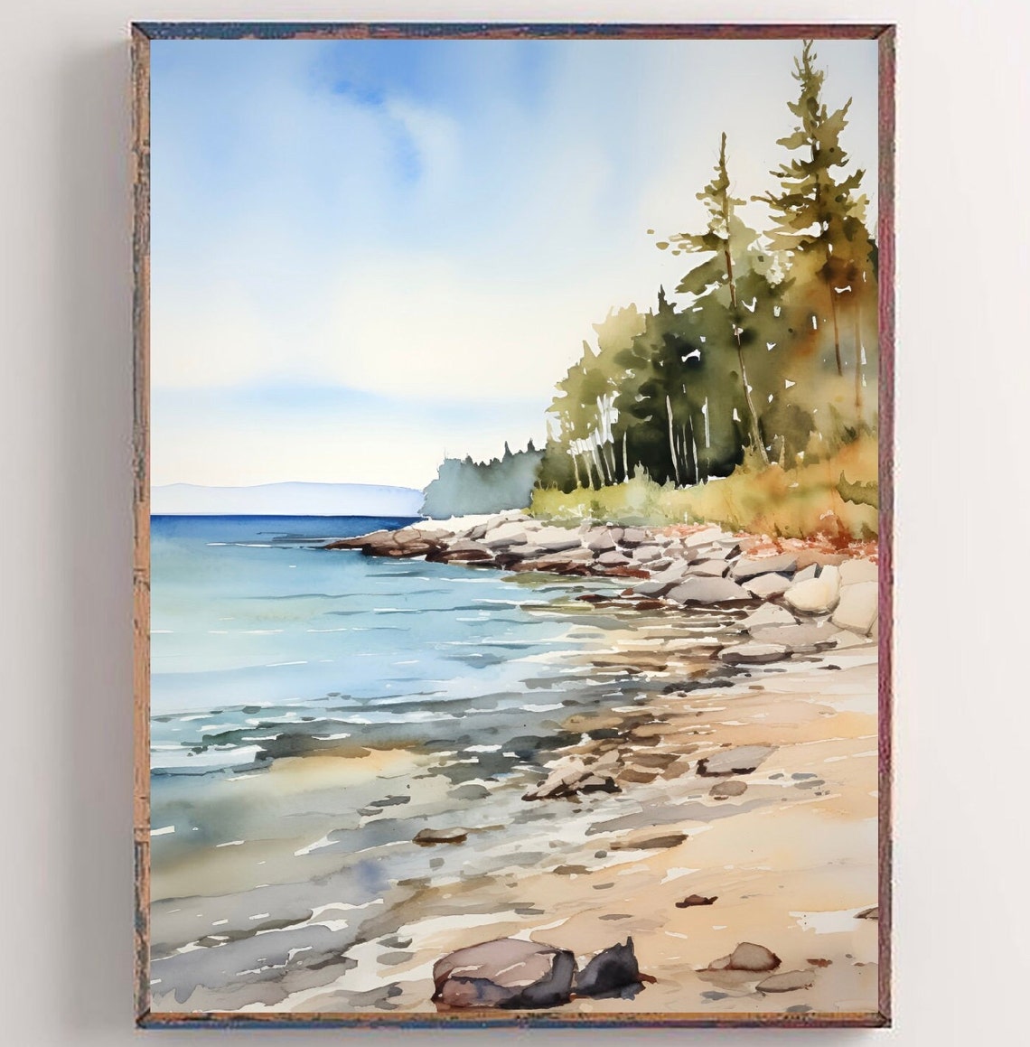 Lake Erie Watercolor Print Rock Shoreline Wall Art Great Lakes Wall Art Coastal Landscape Painting Ohio Travel Art Print