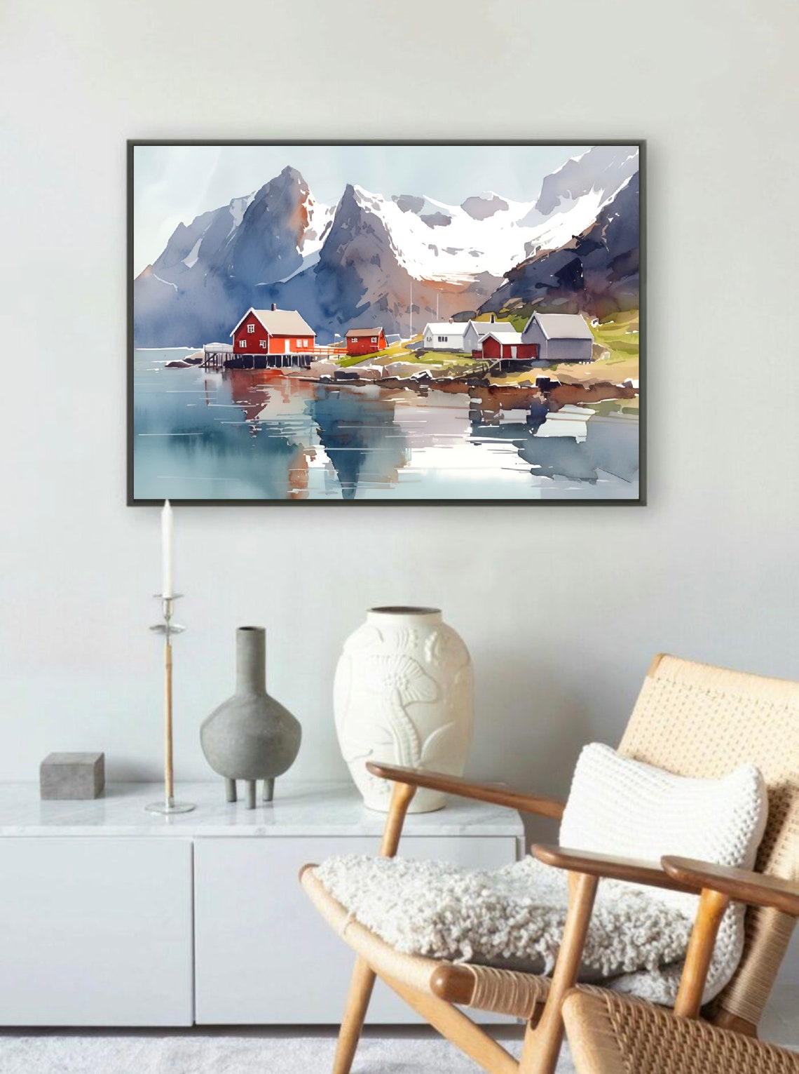Lofoten Islands Norway Red Fishing Cabins Fjord Watercolor Poster - Image 3