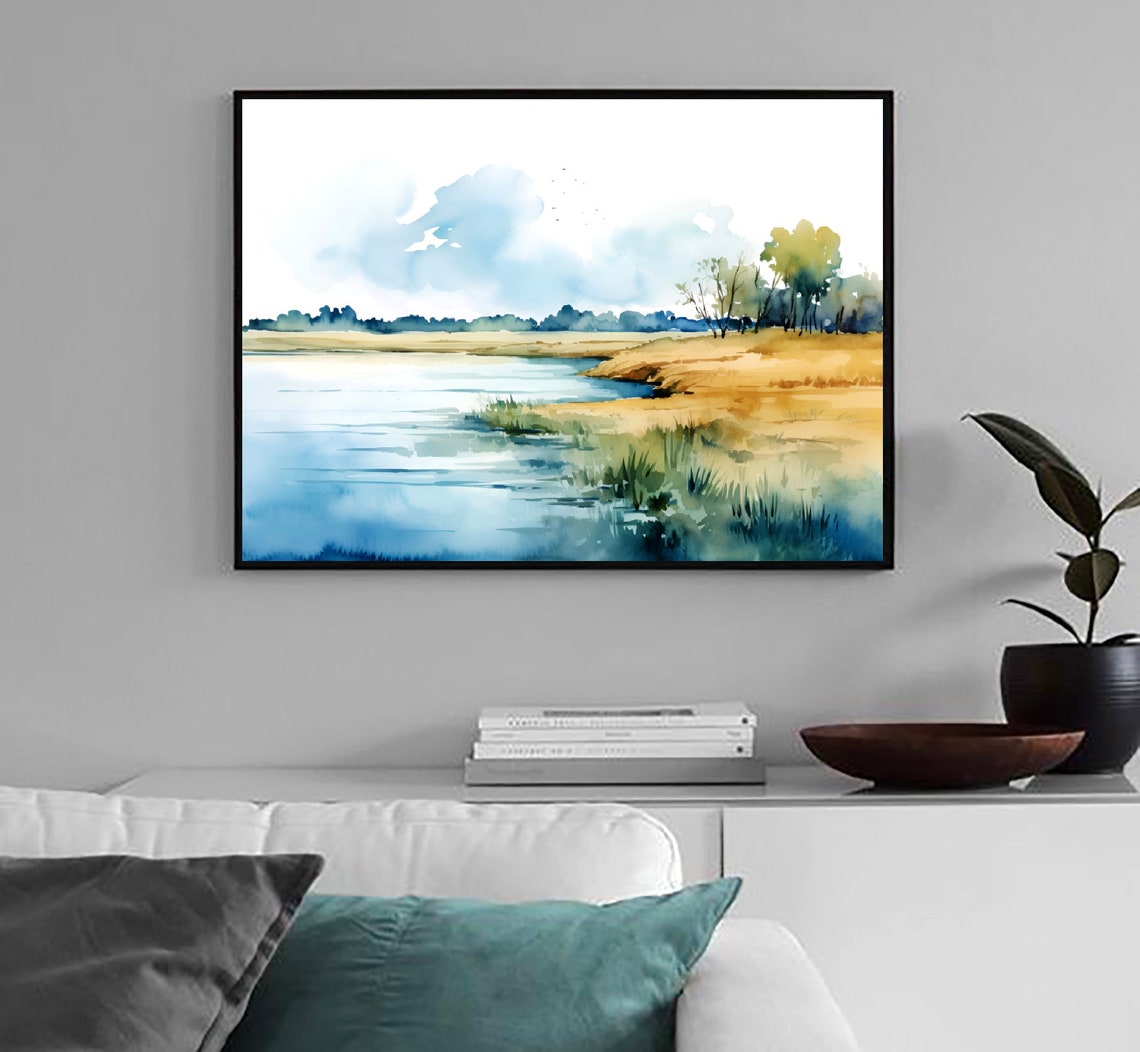 Red River North Dakota Golden Prairie River Watercolor Panoramic Poster - Image 2