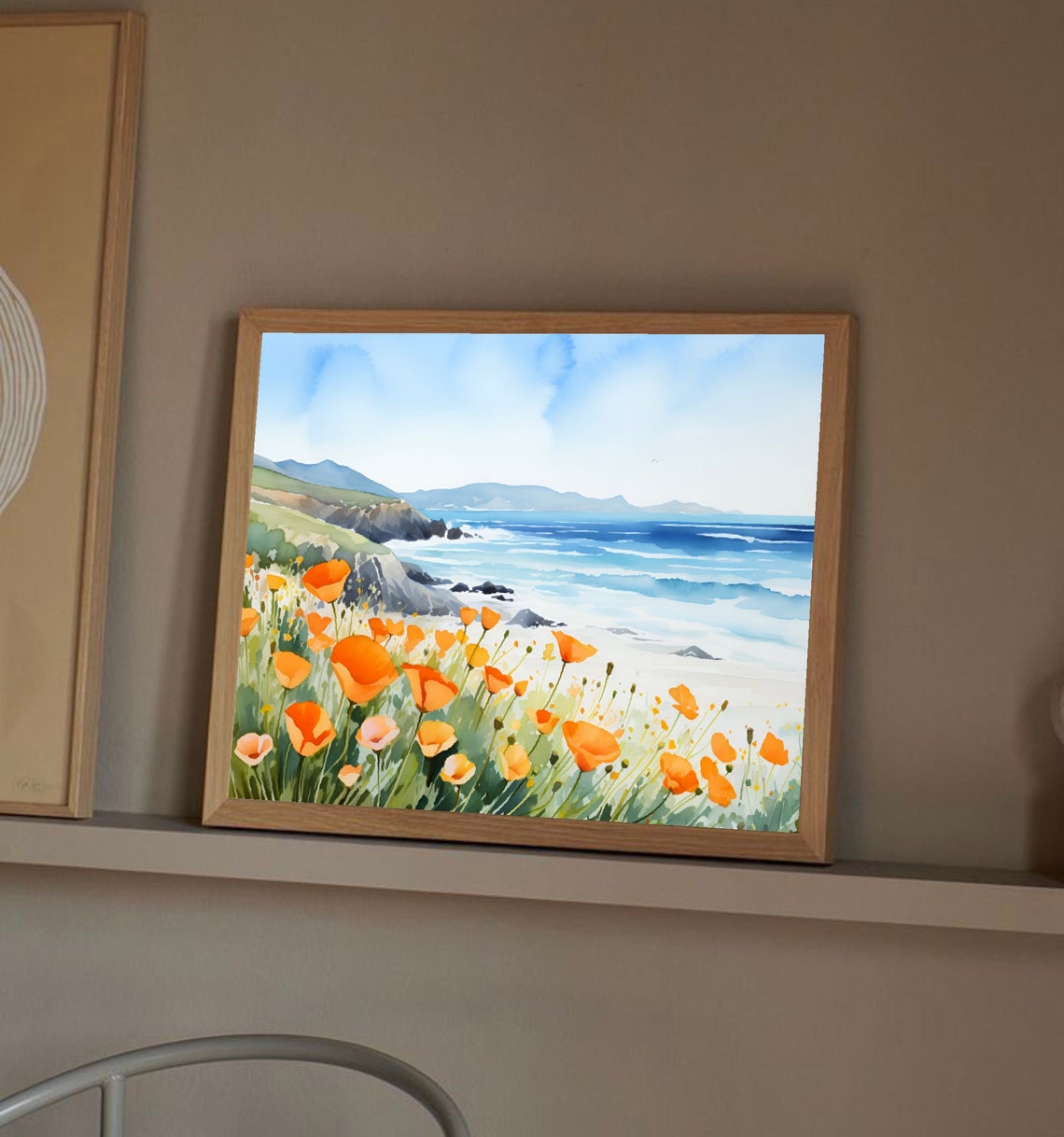 California Poppy Wildflowers Coastal Cliffs Ocean Watercolor Poster - Image 2