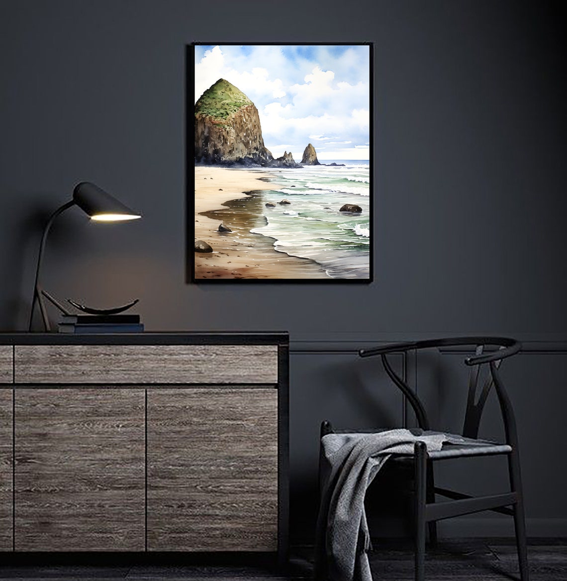 Cannon Beach Oregon Haystack Rock Sandy Coast Watercolor Poster - Image 2