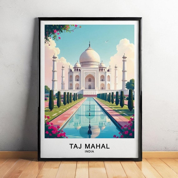 Taj Mahal India Travel Poster Iconic Architecture Monument And Reflection Wall Art