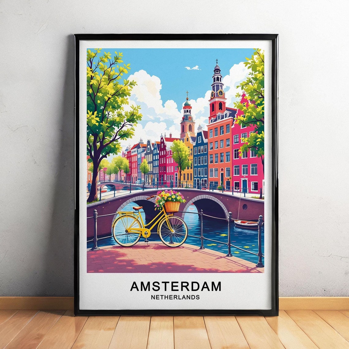 Amsterdam Netherlands Travel Poster Canals Bikes And Dutch Architecture Wall Art