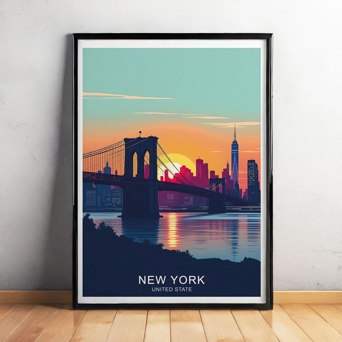 New York Brooklyn Bridge Sunset Skyline Night Lights Travel Poster
