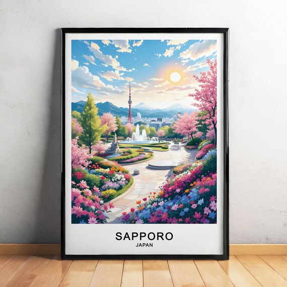 Sapporo Japan Travel Poster Scenic Park Snow Capped Mountains And Red Tv Tower Wall Art Gift Poster