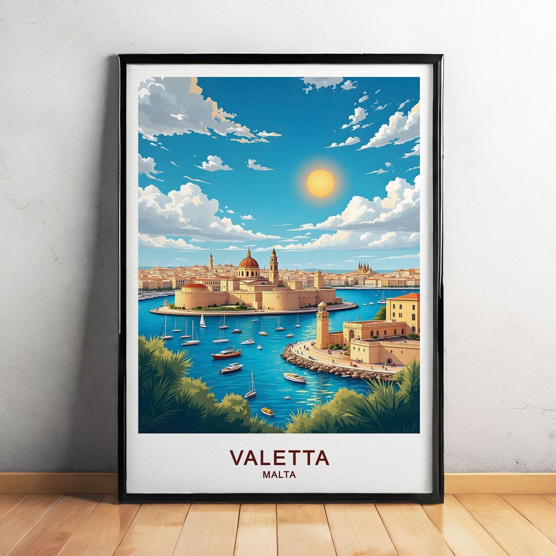 Valletta Malta Grand Harbor Forts Sailboats Sunny Skyline Poster
