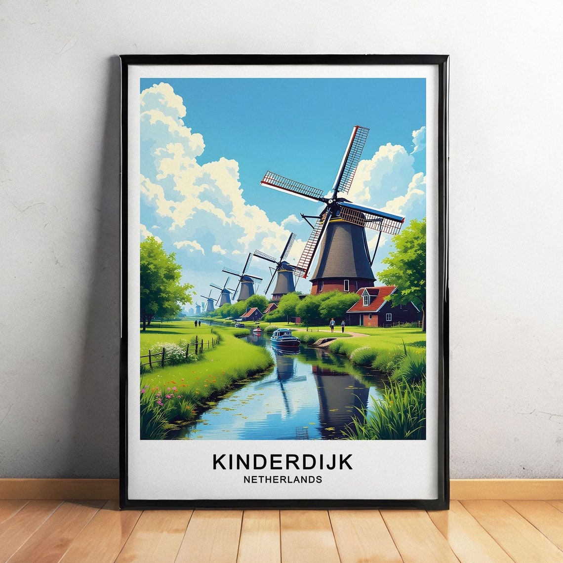 Kinderdijk Netherlands Travel Poster Iconic Windmills And Scenic Landscape Wall Art Poster For Gift