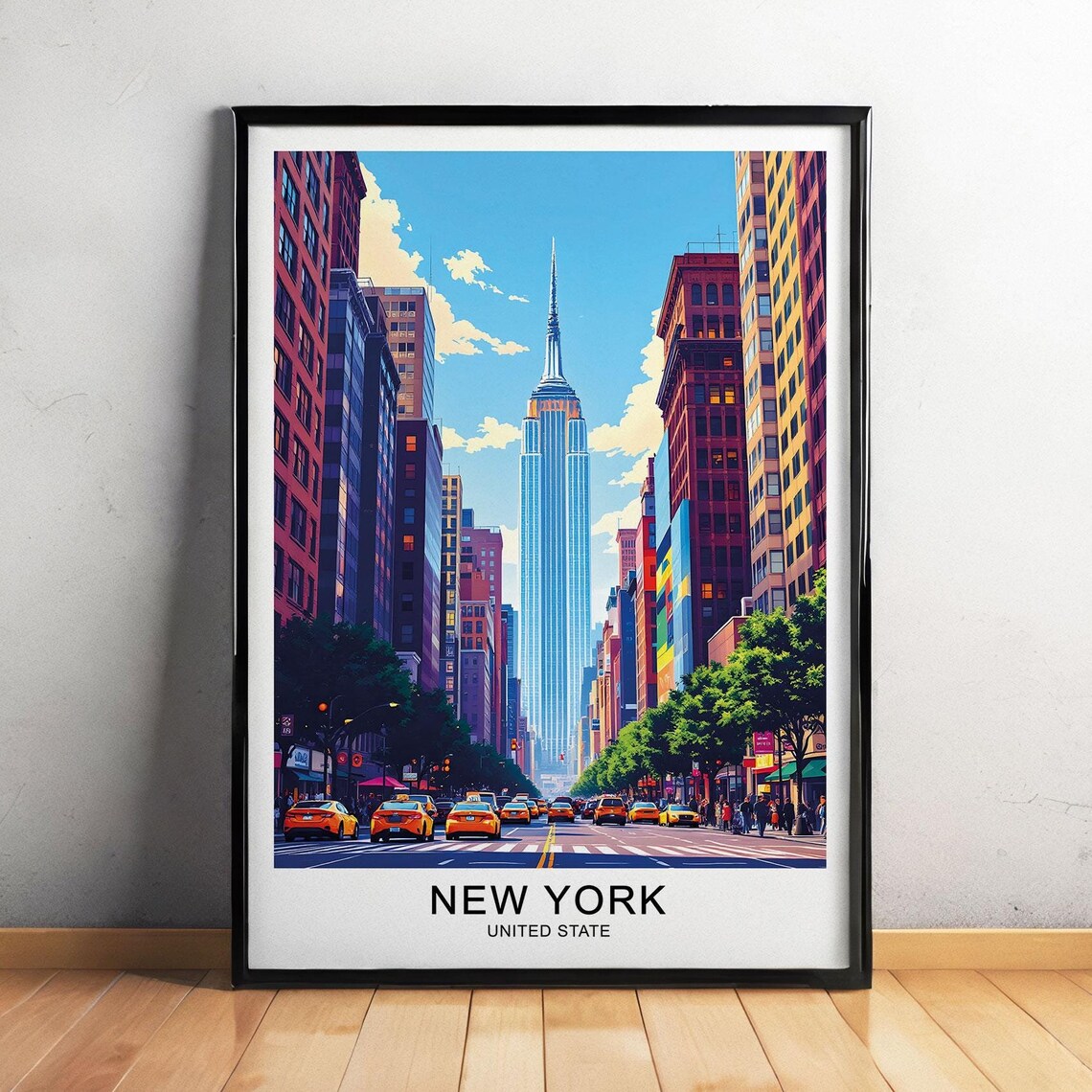 New York Empire State Building Street Yellow Cabs City Travel Poster