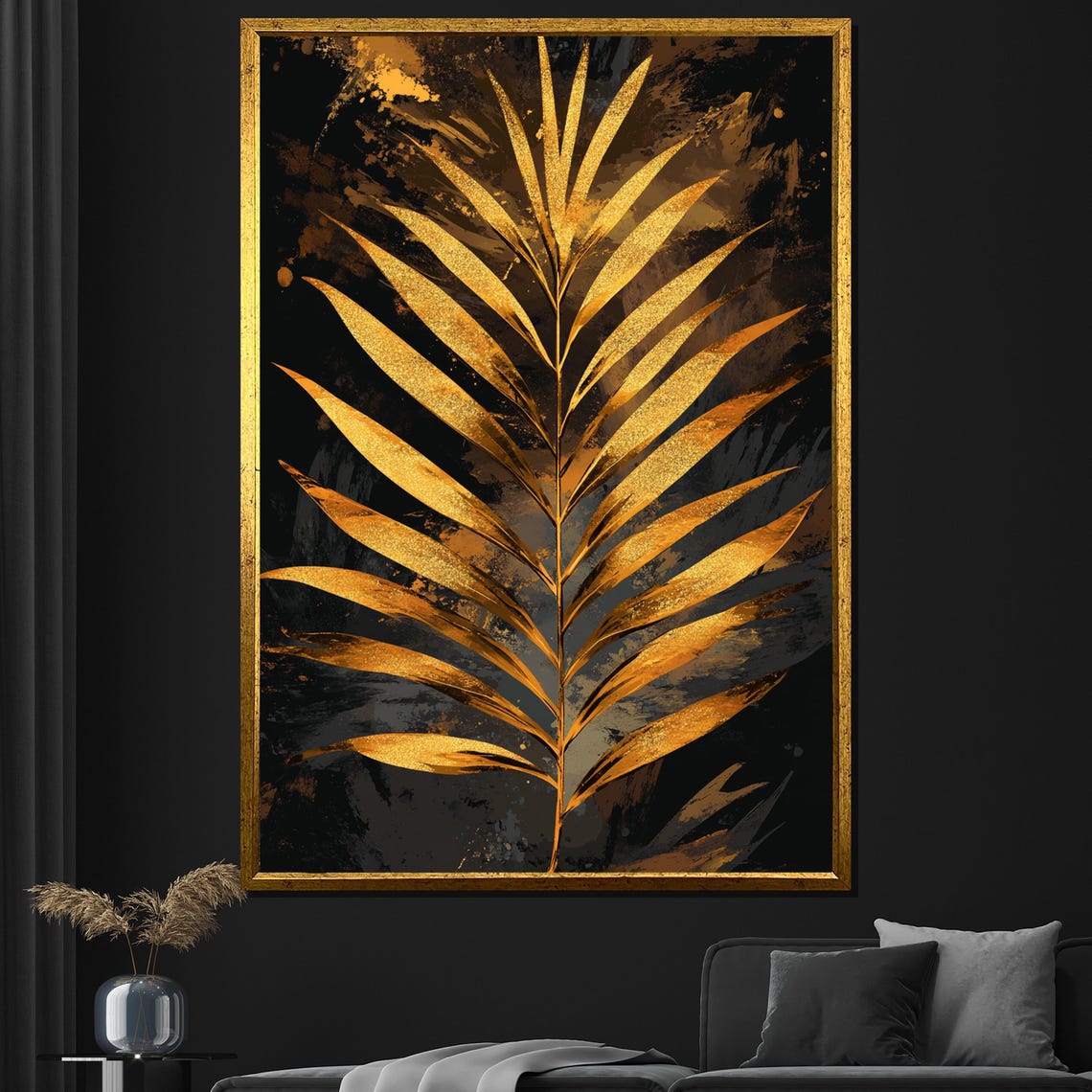 Golden Palm Frond On Dark Textured Background Abstract Art Poster