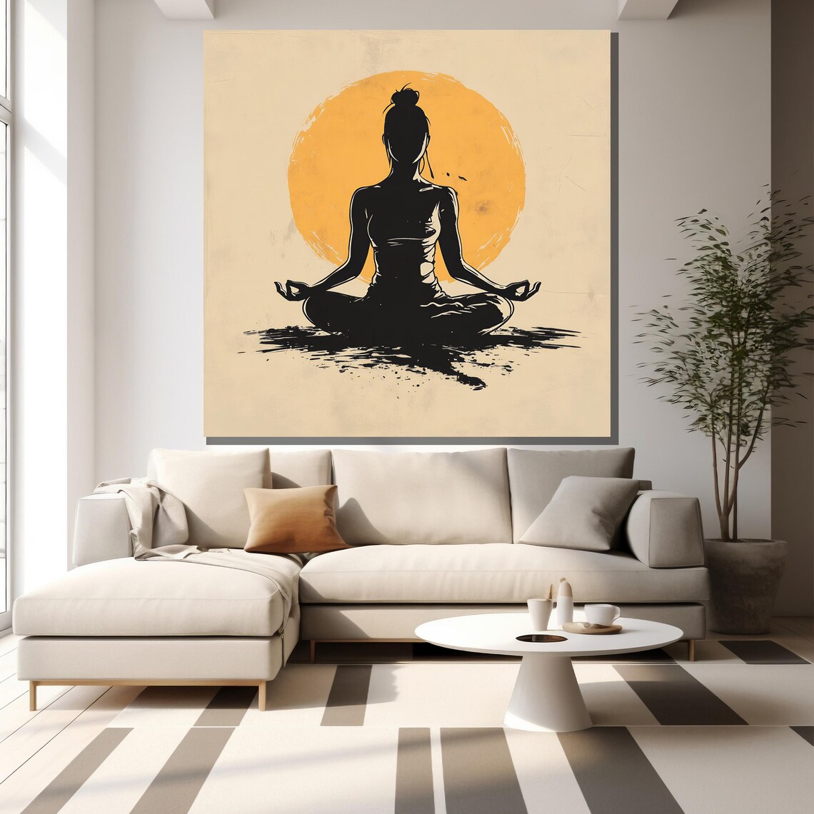 Woman Meditating Yoga Pose Silhouette With Orange Sun Wall Poster - Image 2