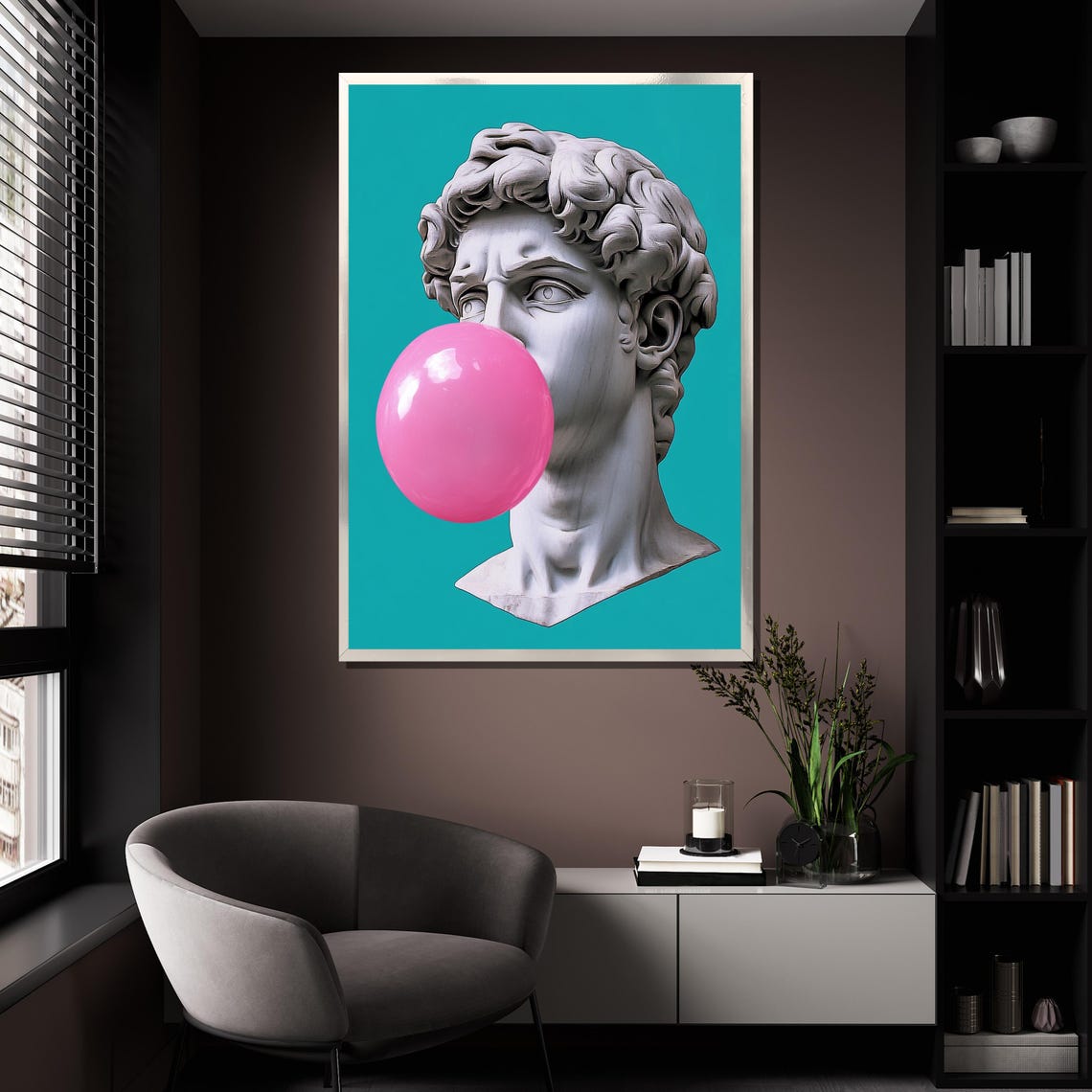 David Statue Pink Bubble Gum Pop Art Turquoise Playful Modern Poster - Image 4