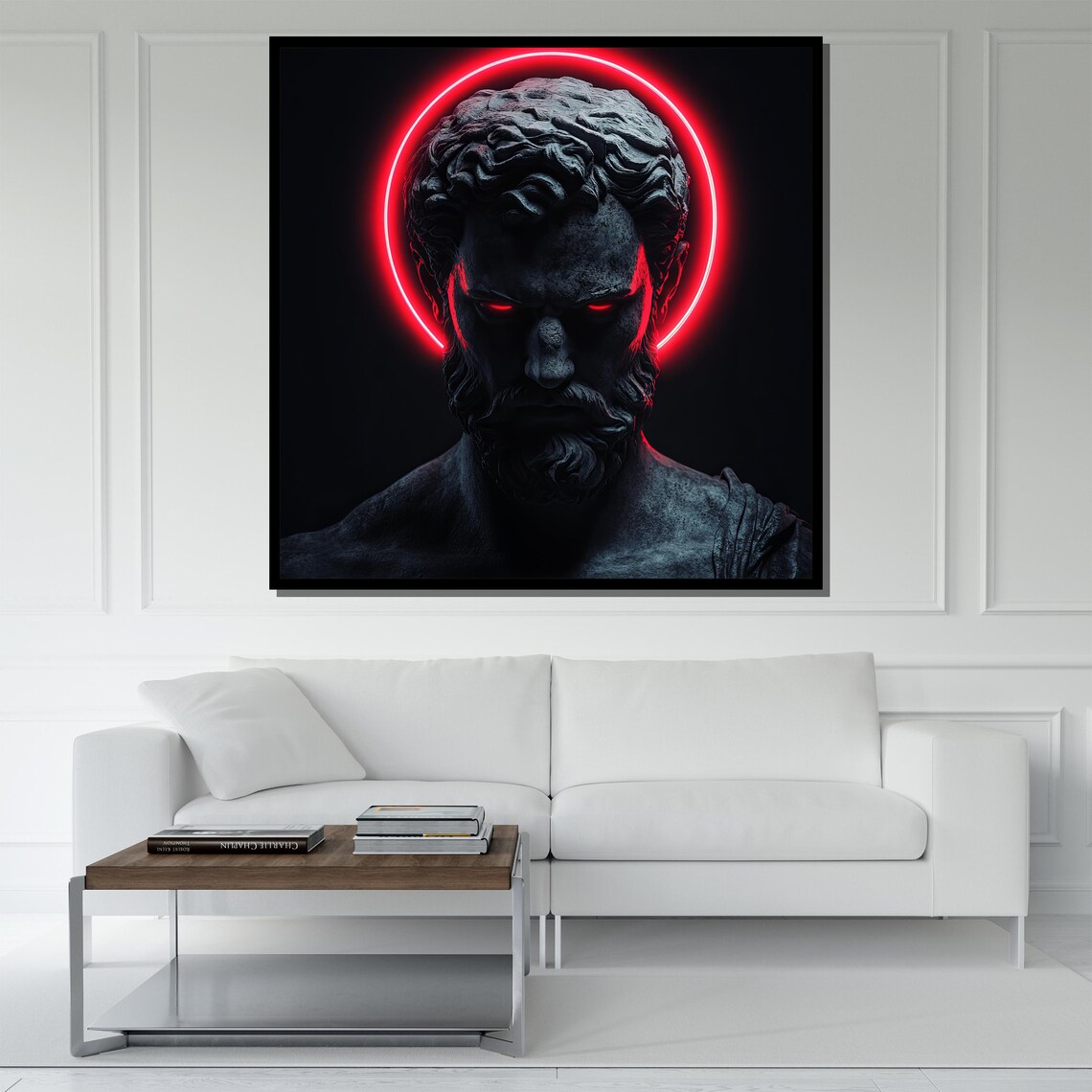 Dark Greek God Bust With Red Neon Halo Sculpture Art Wall Poster - Image 5