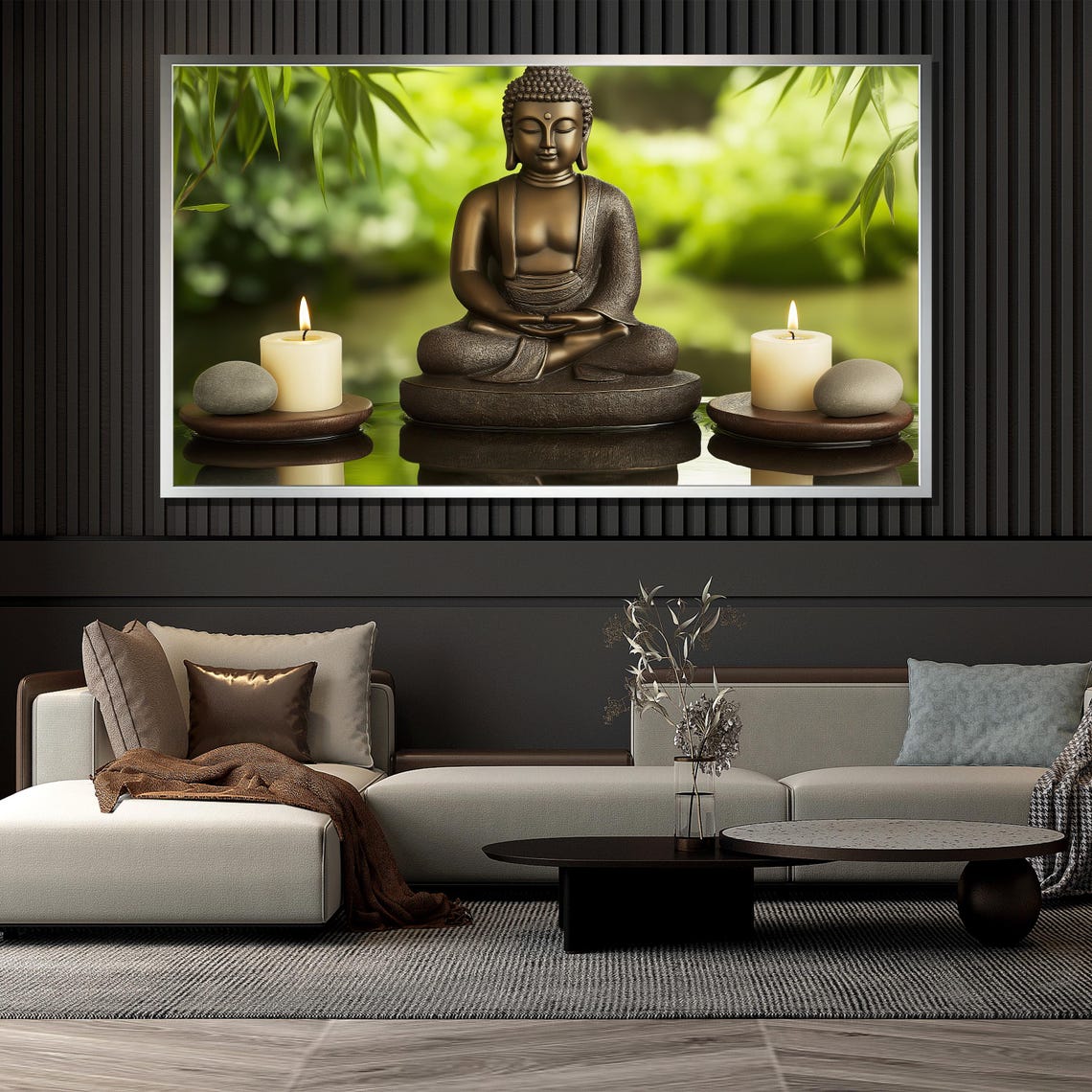 Bronze Buddha Candles Stones Serene Garden Zen Meditation Wall Poster - Image 4