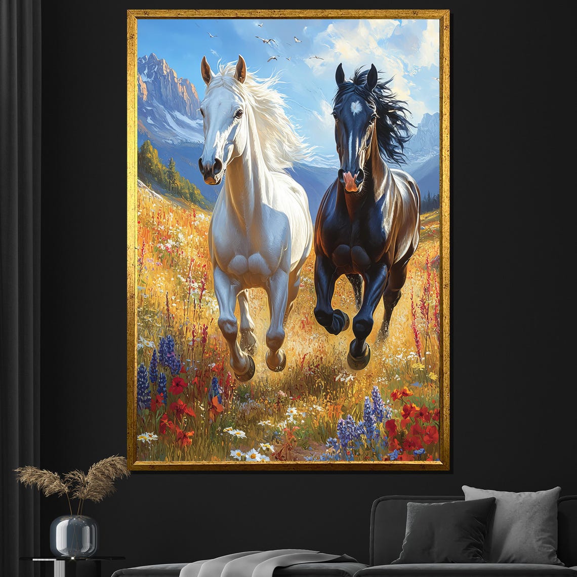 White Black Horses Running Wildflower Mountain Meadow Wall Art