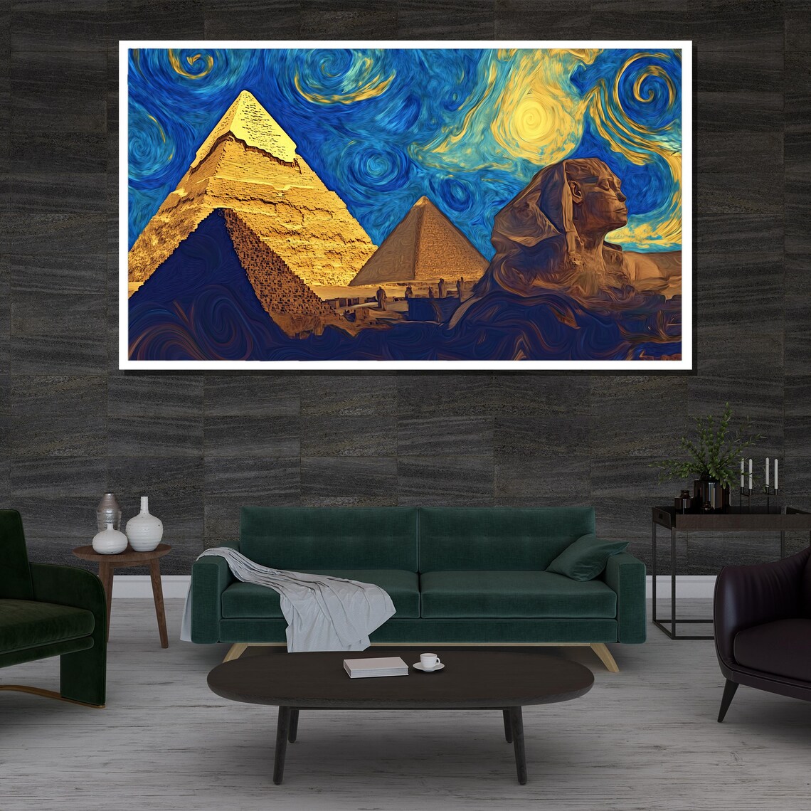 Starry Night Pyramids Giza Sphinx Egypt Swirling Sky Travel Wall Poster - Image 3