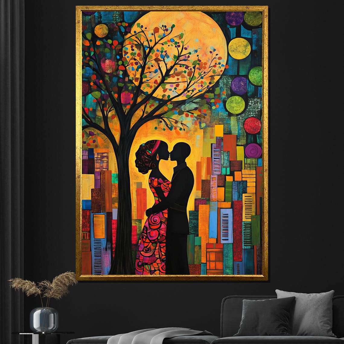 Colorful Abstract Couple Embrace Moon Tree Vibrant Mosaic Wall Poster