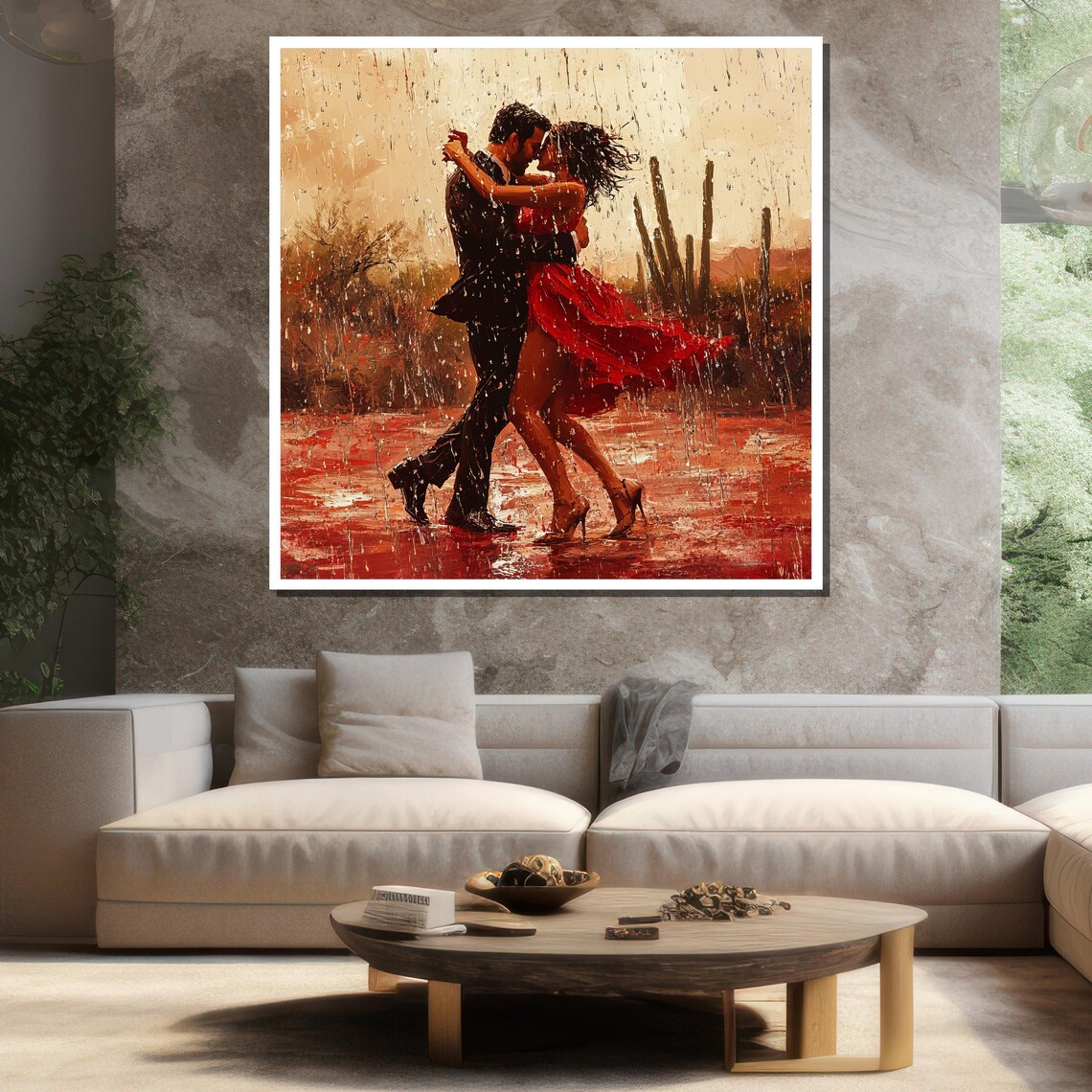 Romantic Couple Dancing In Rain Woman In Red Dress Textured Painting Poster - Image 3