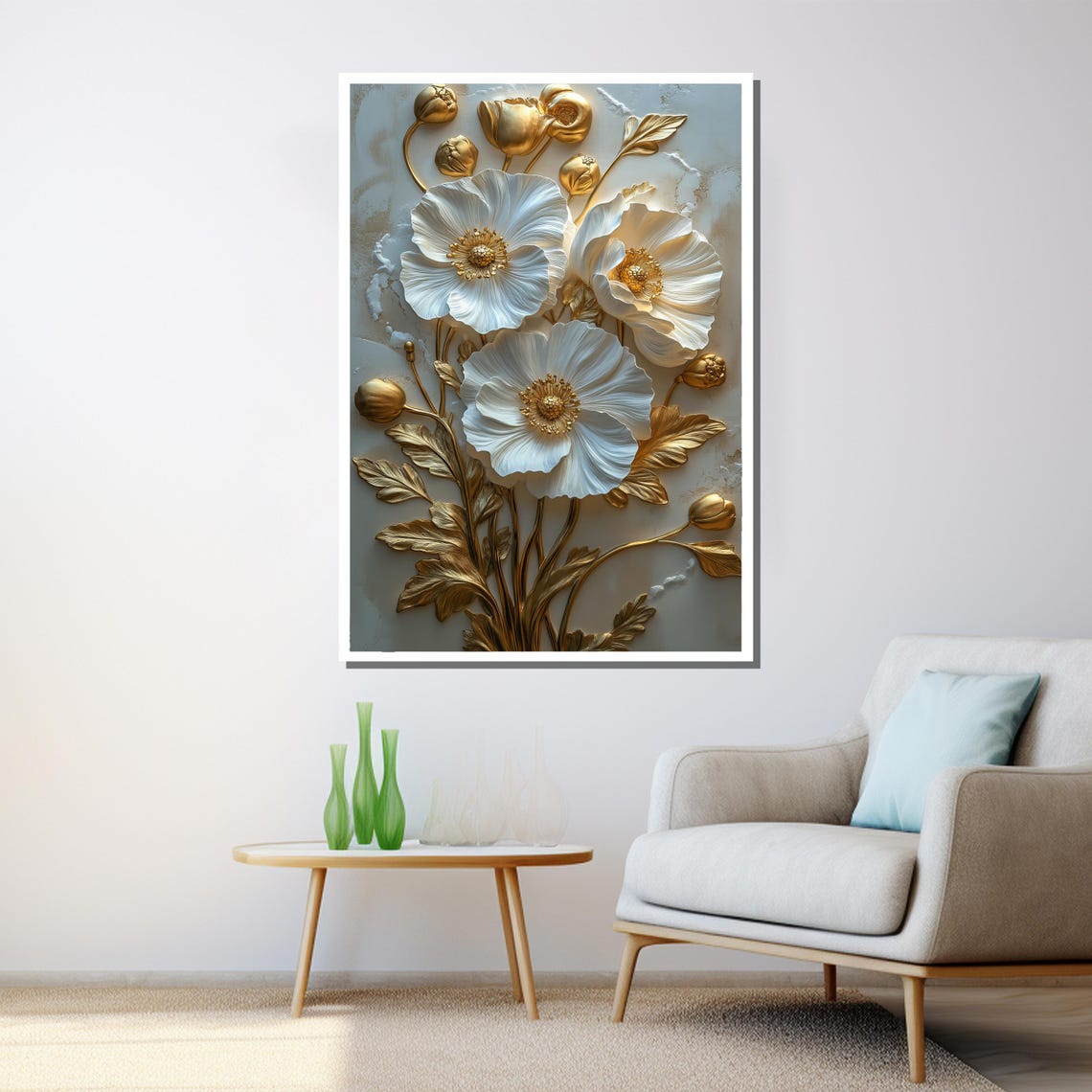 White Poppies With Gold Stems 3D Textured Floral Wall Art Poster - Image 3