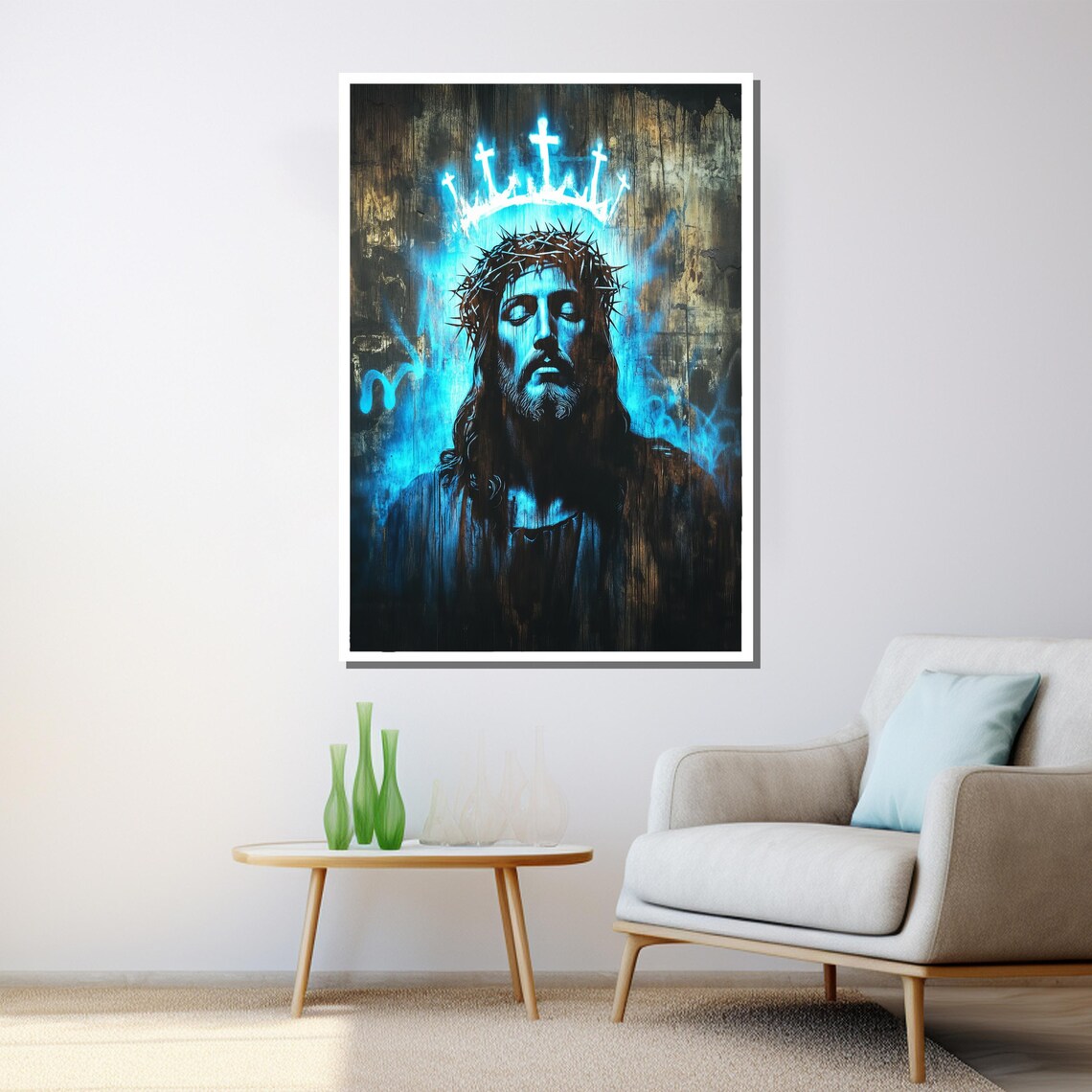 Jesus Crown Of Thorns Blue Neon Spiritual Portrait Wall Art Poster - Image 3