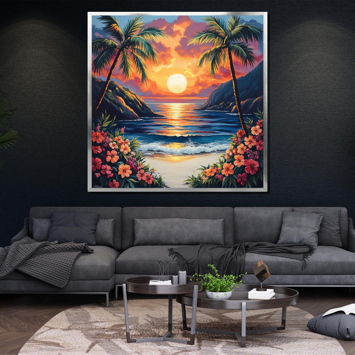 Tropical Sunset Cove Palm Framed Ocean Cliffs Hibiscus Paradise Poster - Image 4