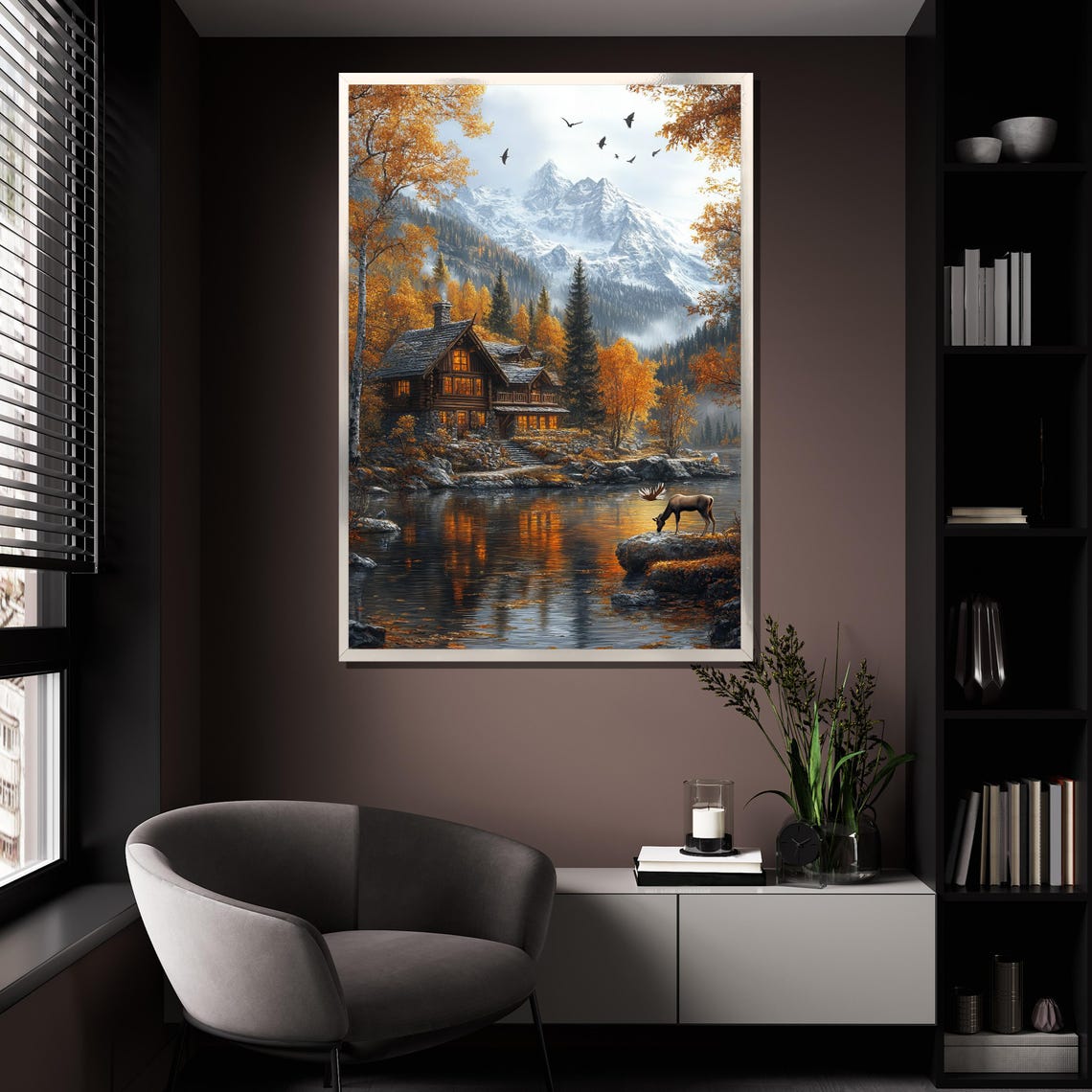 Mountain Lake Cabin At Autumn With Moose Wildlife Scenic Art Poster - Image 4