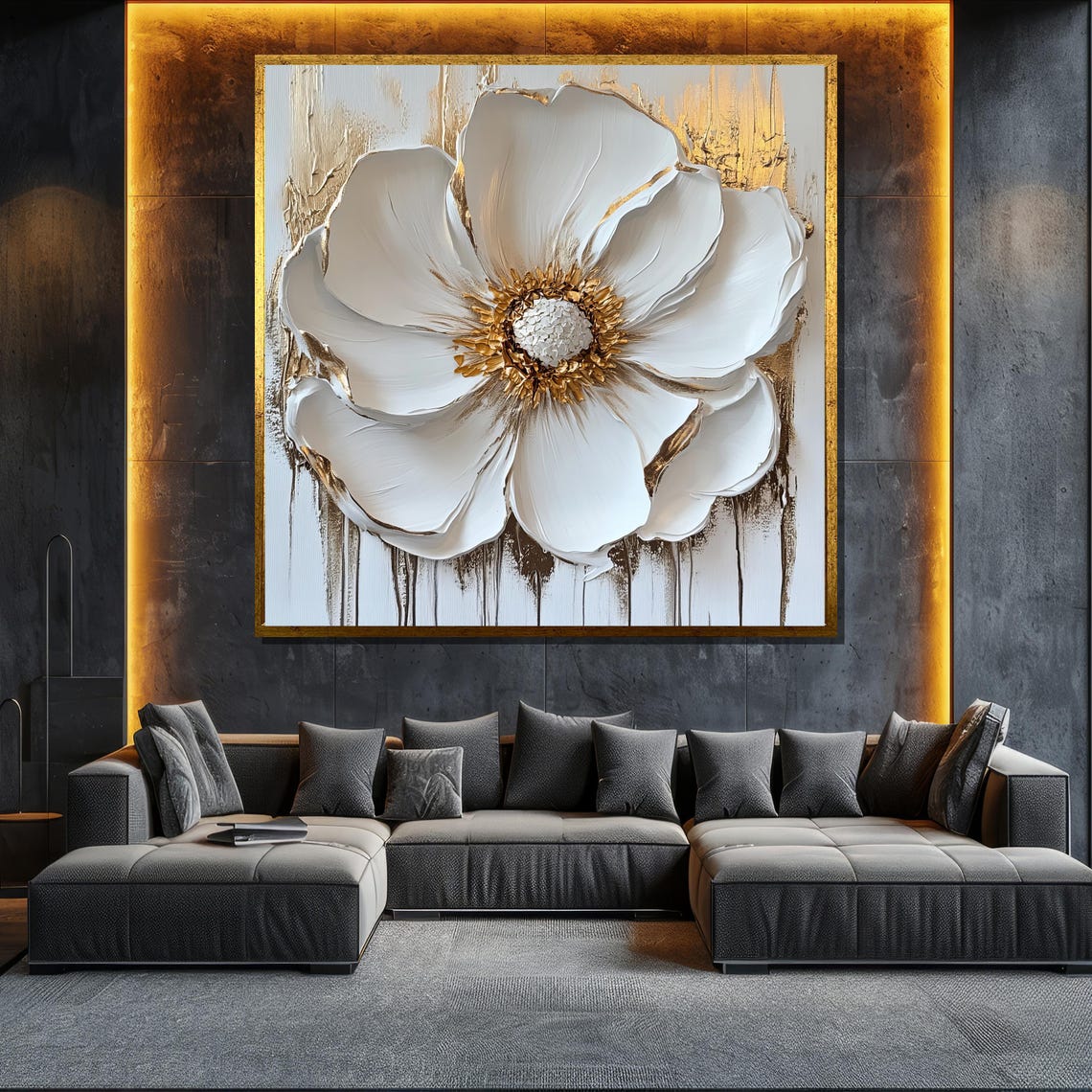 Stunning Large White Flower Gold Center Textured Abstract Art Poster
