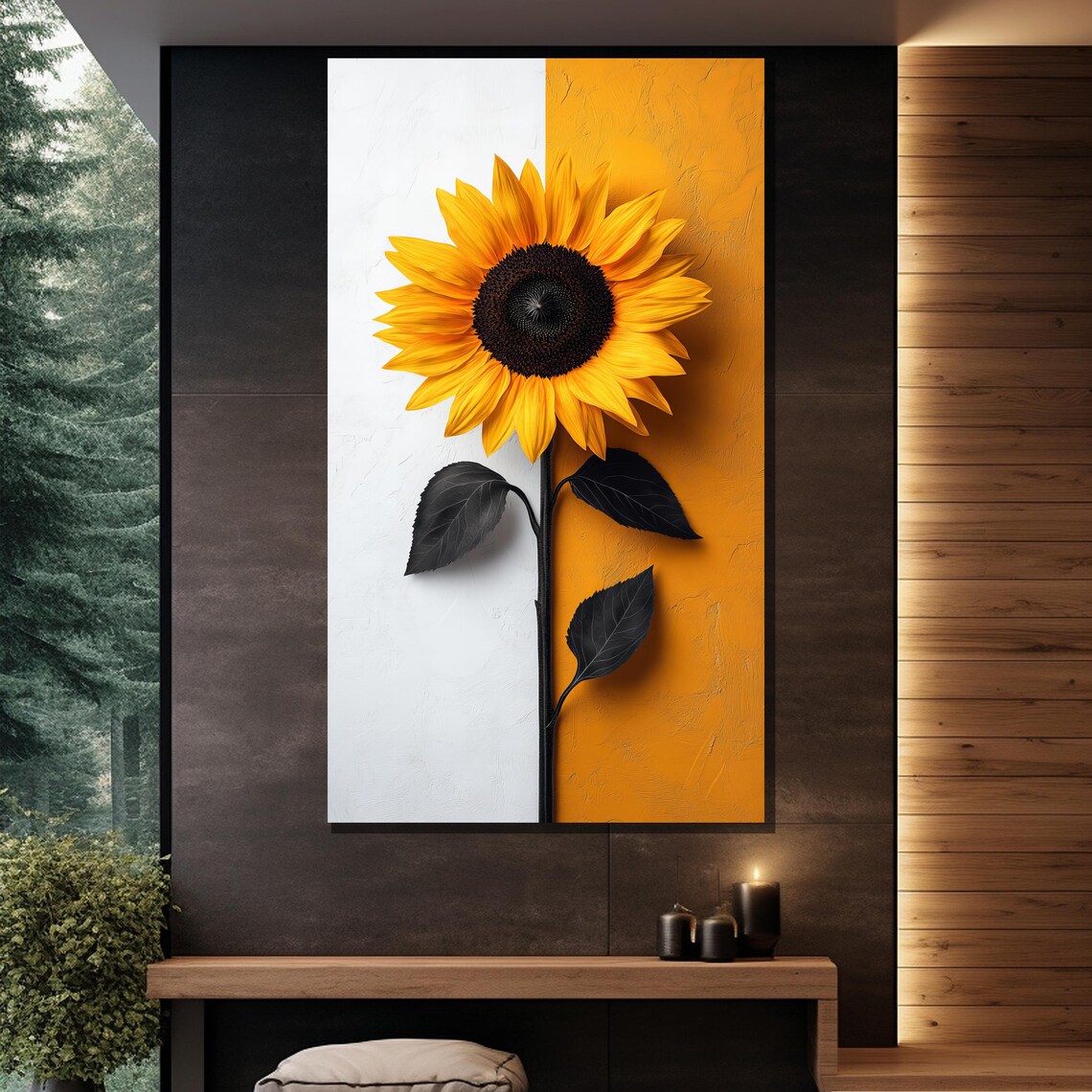 Sunflower On Split White And Yellow Background Modern Art Poster - Image 2