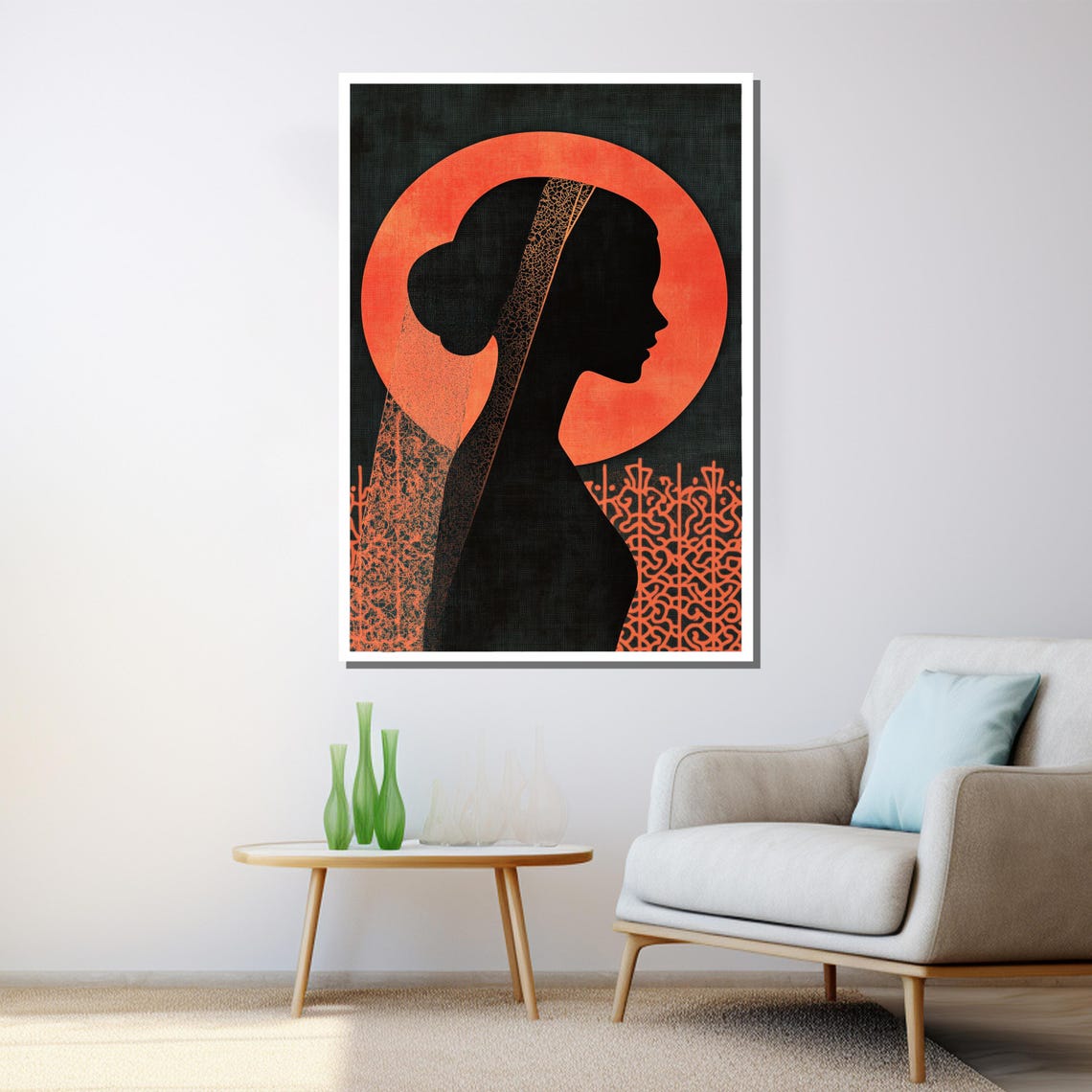 Woman Silhouette Red Sun Oriental Lace Pattern Modern Art Wall Poster - Image 3