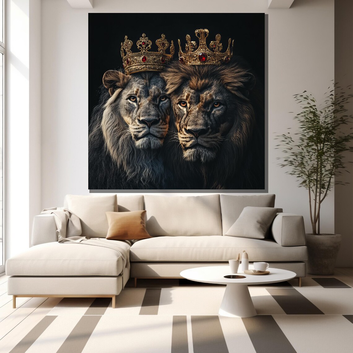 Two Crowned Lions Gold Crown Painting Majestic Regal Wildlife Wall Art Poster - Image 2