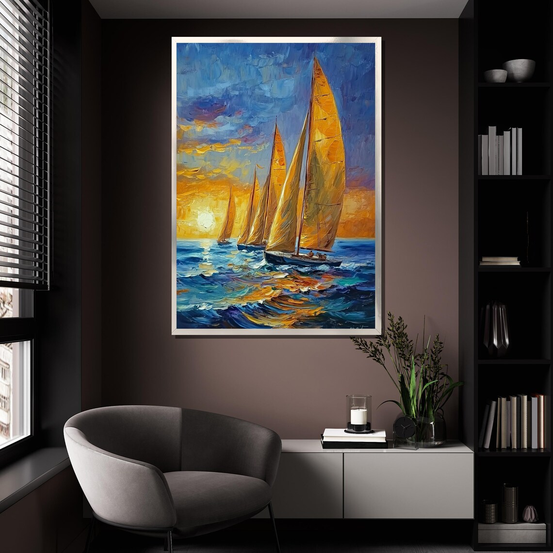 Sailing Boats At Sunset Golden Sails Ocean Oil Painting Art Poster - Image 4