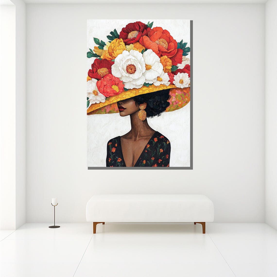 Black Woman Floral Hat Peonies Portrait Elegant Gold Frame Wall Art - Image 2