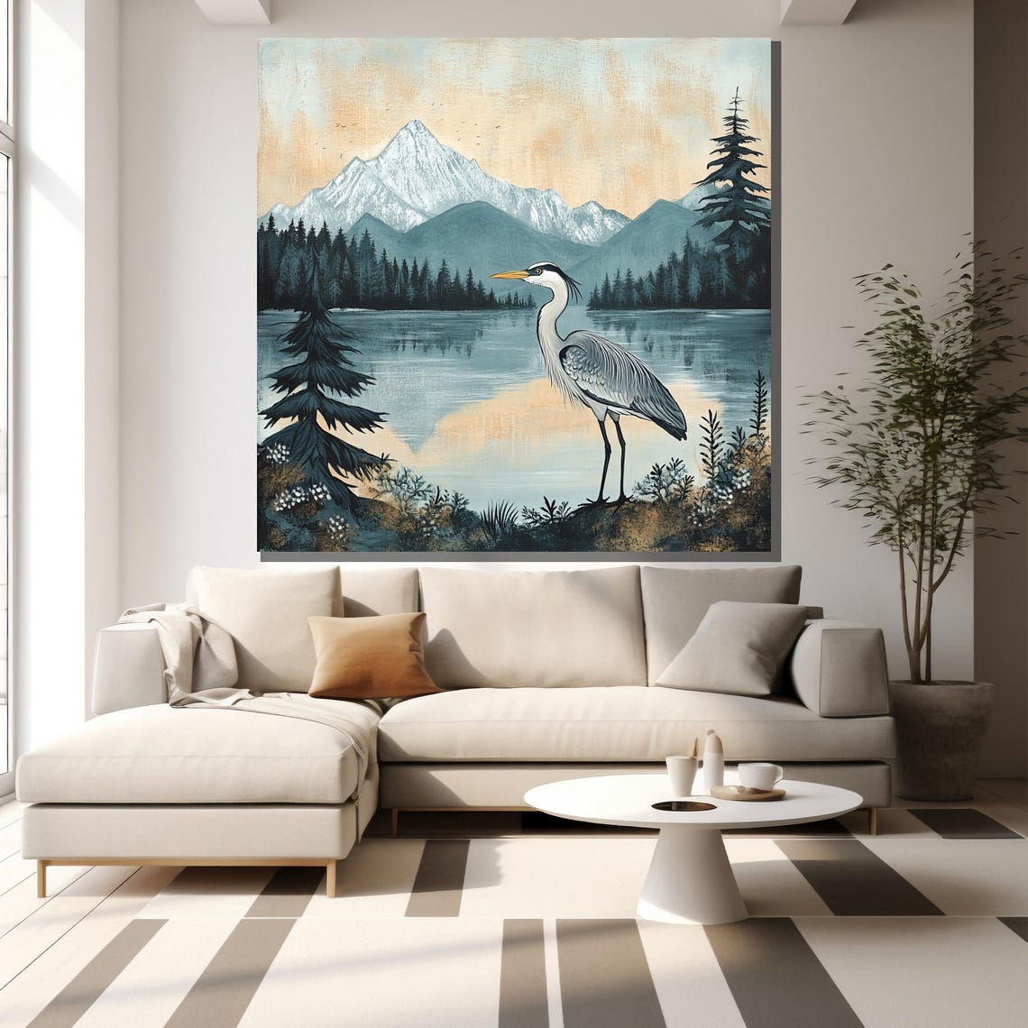 Great Blue Heron Mountain Lake Serene Nature Bird Art Poster - Image 2