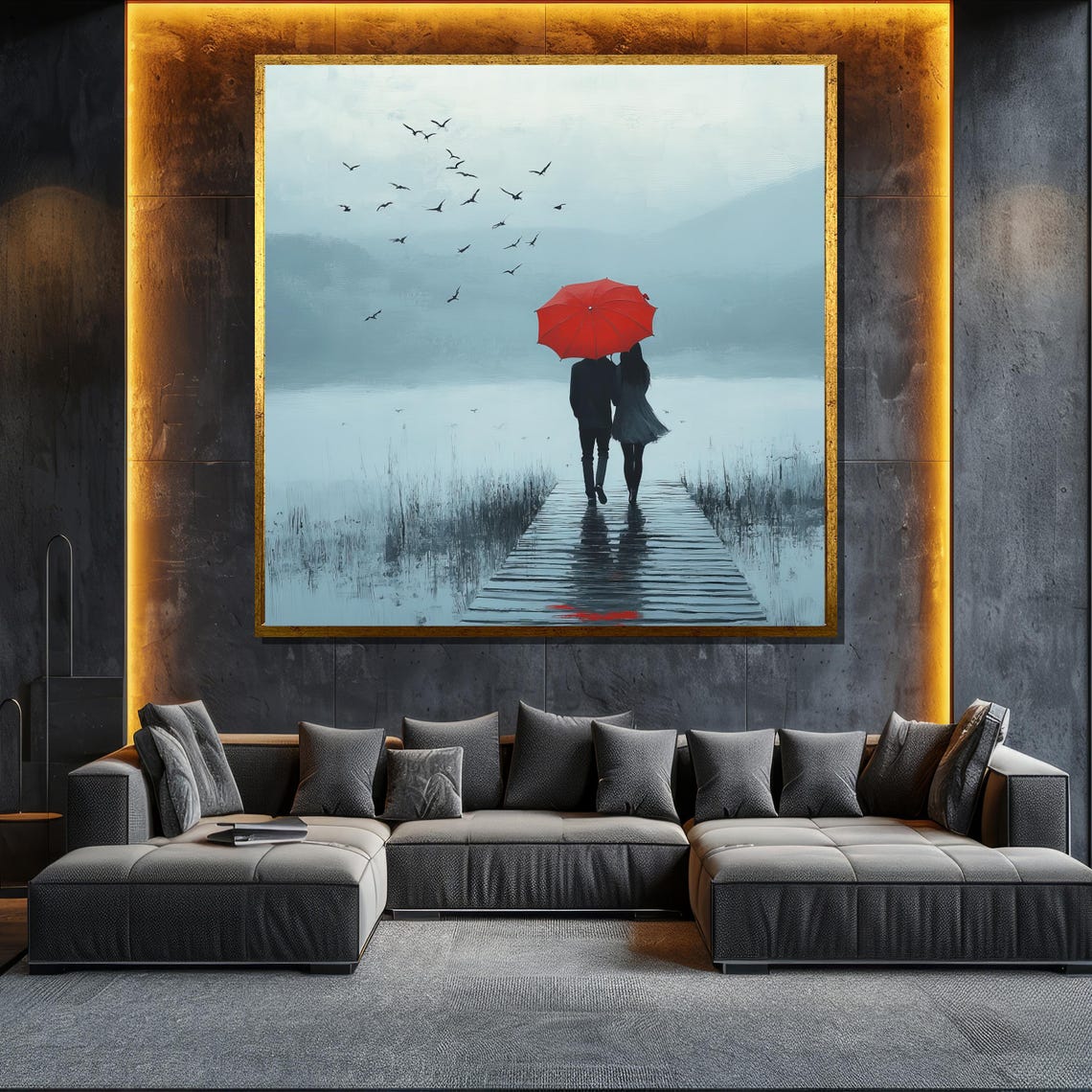 Couple Red Umbrella Misty Lake Boardwalk Birds Minimalist Wall Poster