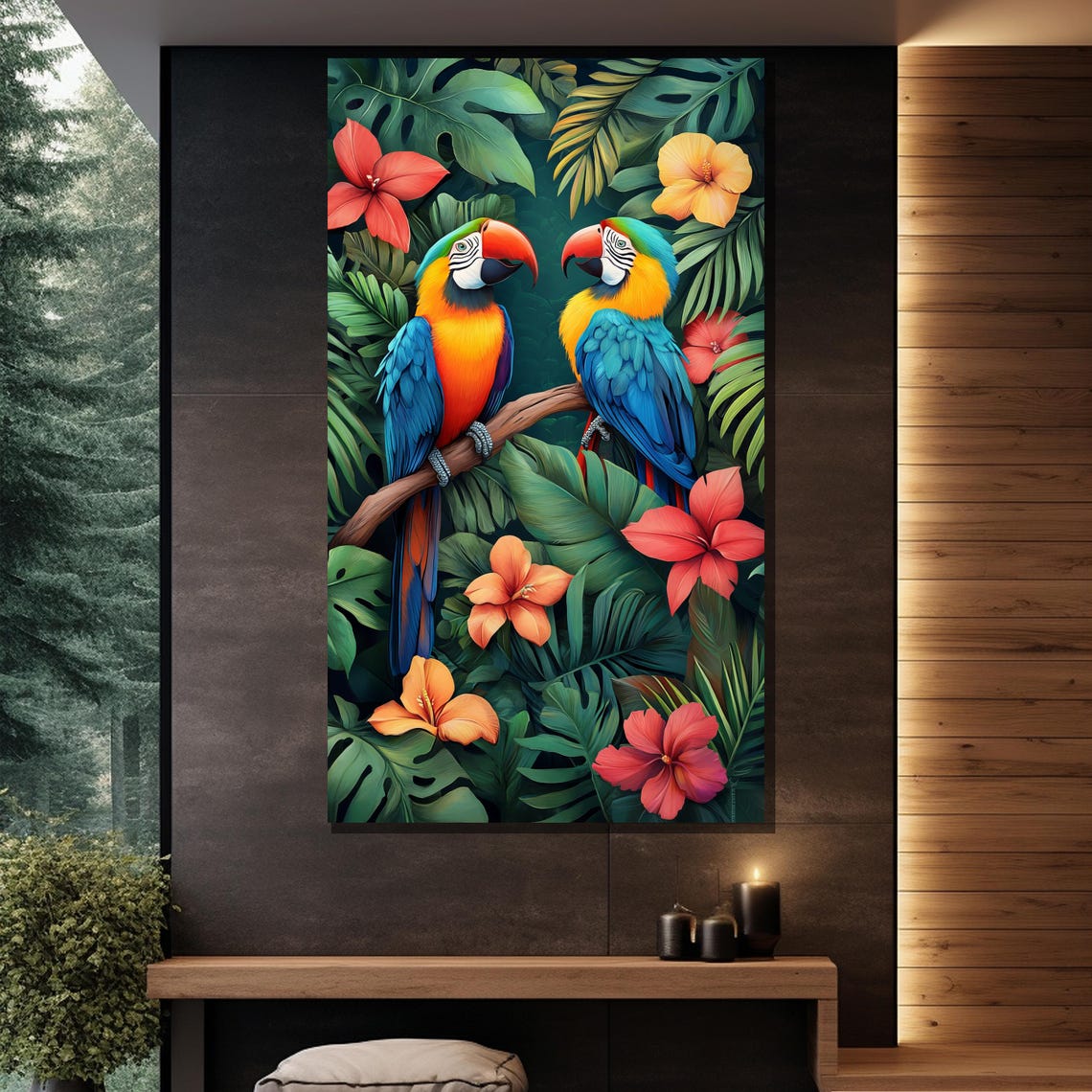 Two Blue Macaws Hibiscus Flowers Tropical Jungle Bird Poster - Image 2