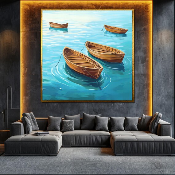 Rowboats On Water Painting Serene Lake Wall Art Nautical Landscape Artwork Peaceful Home Decor Gift