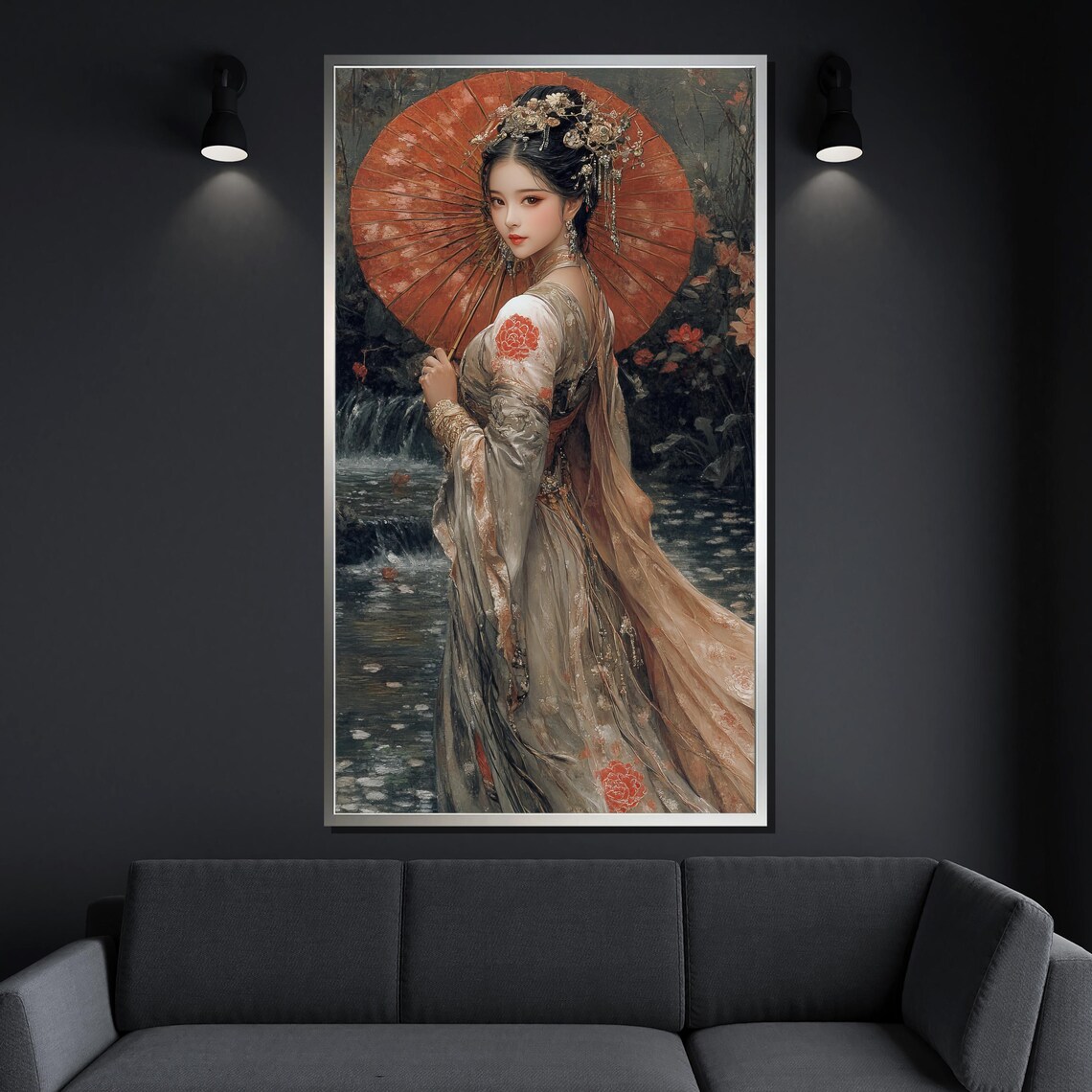 Elegant Chinese Woman With Red Parasol Riverside Garden Art Print - Image 4