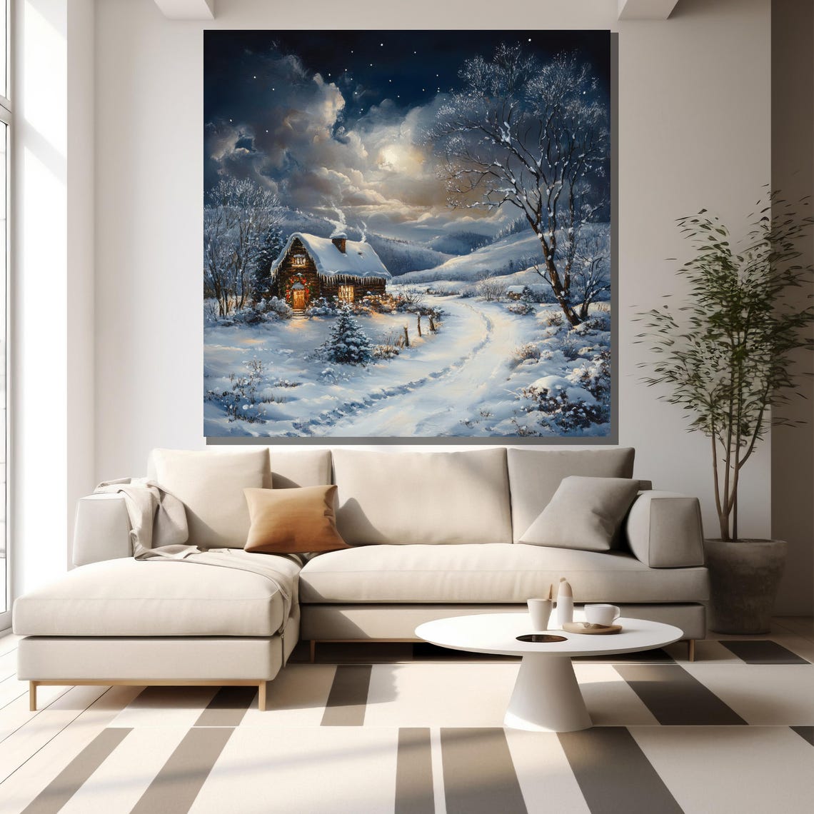 Winter Night Cabin In Snow Moonlit Landscape Cozy Holiday Art Poster - Image 2