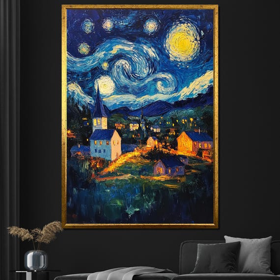Starry Night Village Painting Scenic Wall Art For Home Decor And Night Sky Lovers Gift