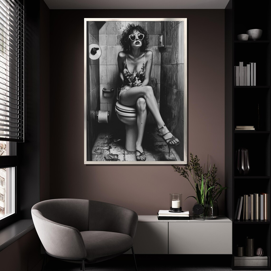 Edgy Woman Sunglasses Black White Bathroom Portrait Bold Art Wall Poster - Image 4