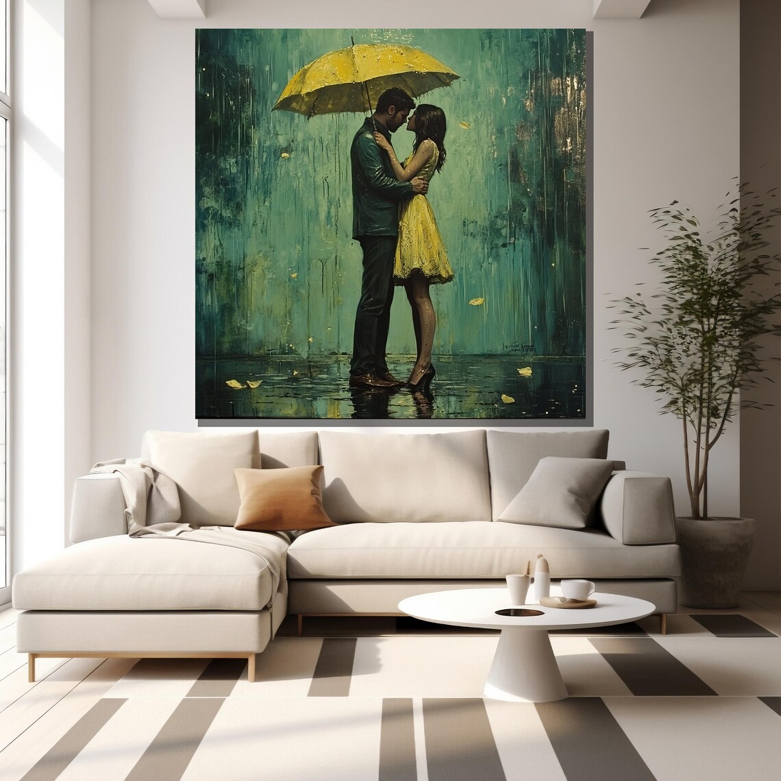 Romantic Couple Kiss Yellow Umbrella Rain Love Painting Wall Poster - Image 2