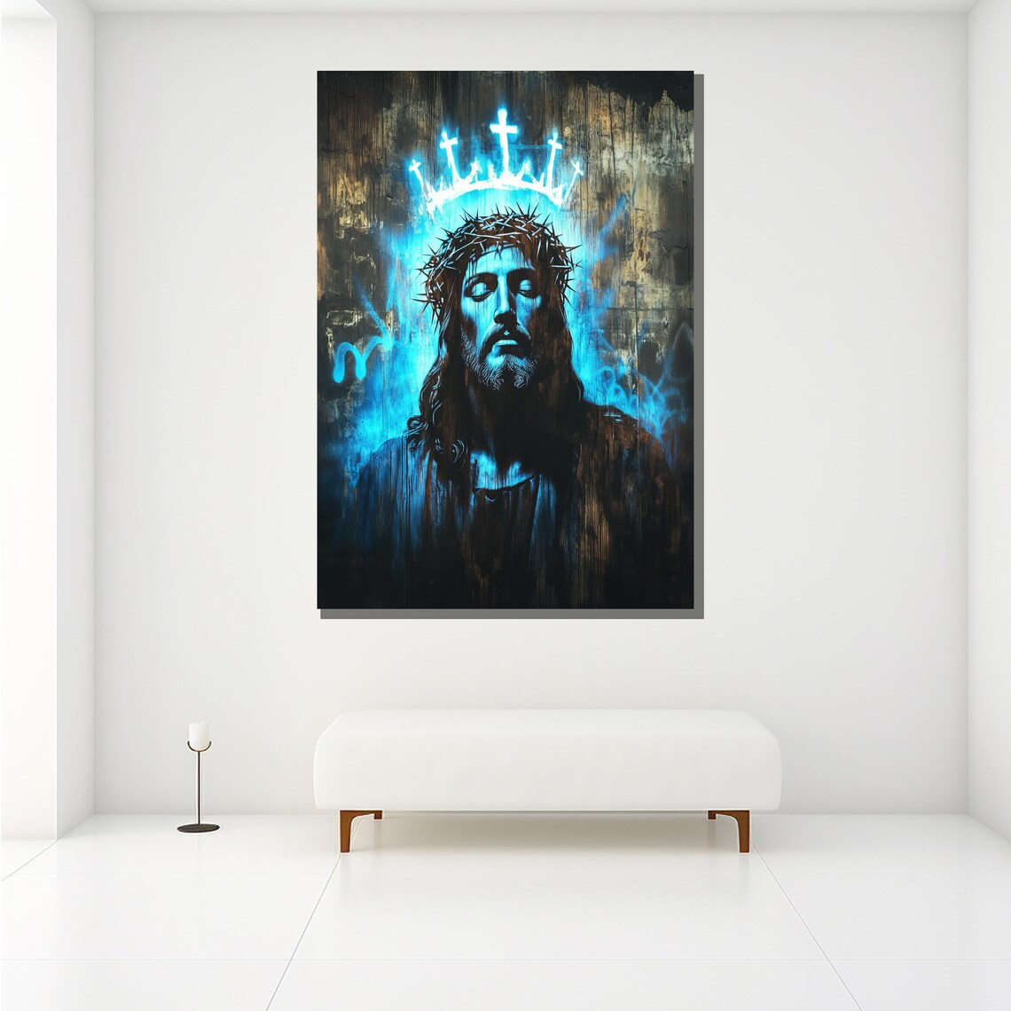 Jesus Crown Of Thorns Blue Neon Spiritual Portrait Wall Art Poster - Image 2