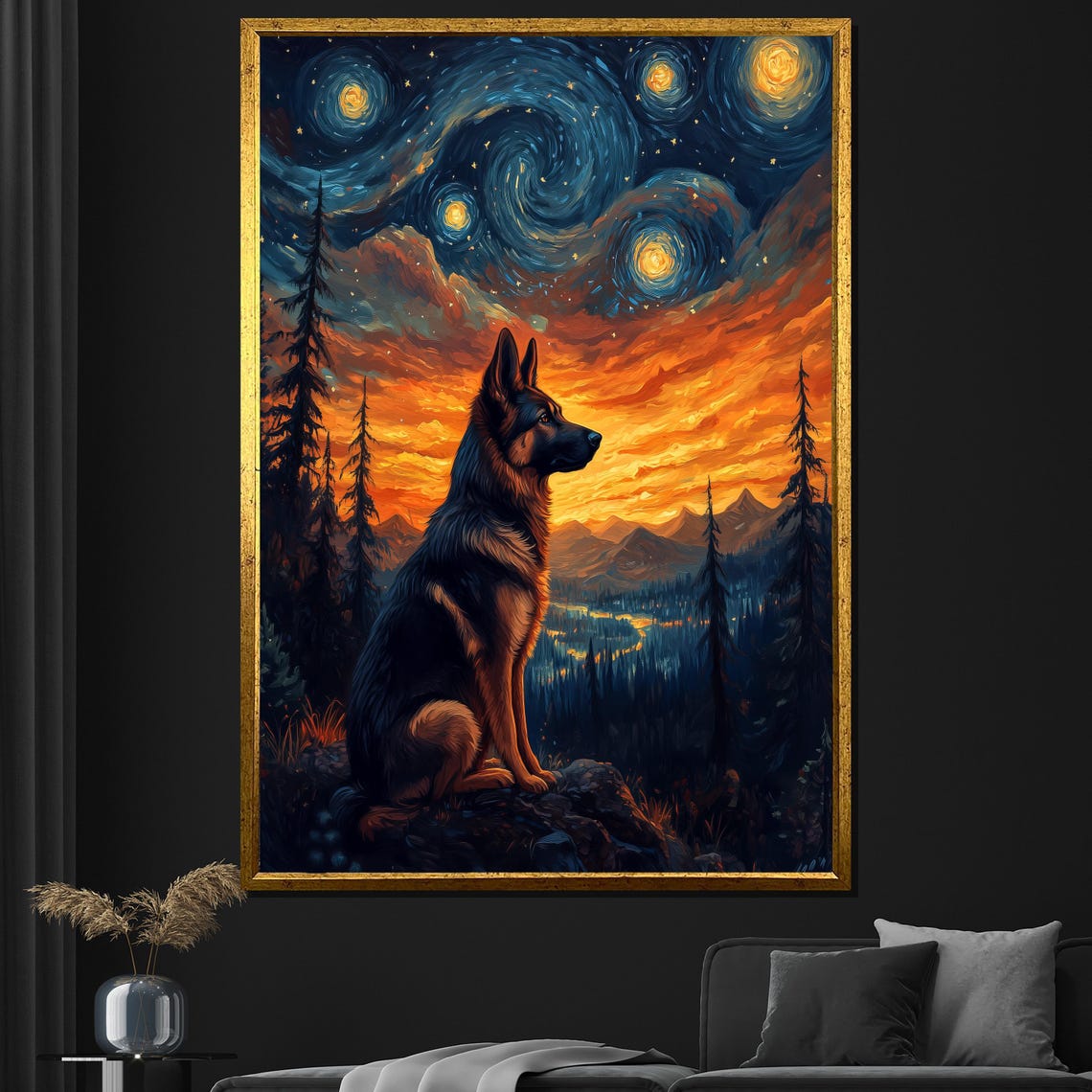 German Shepherd Starry Night Mountain Sunset Pine Forest Dog Poster