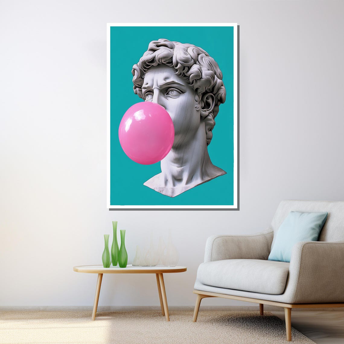 David Statue Pink Bubble Gum Pop Art Turquoise Playful Modern Poster - Image 3